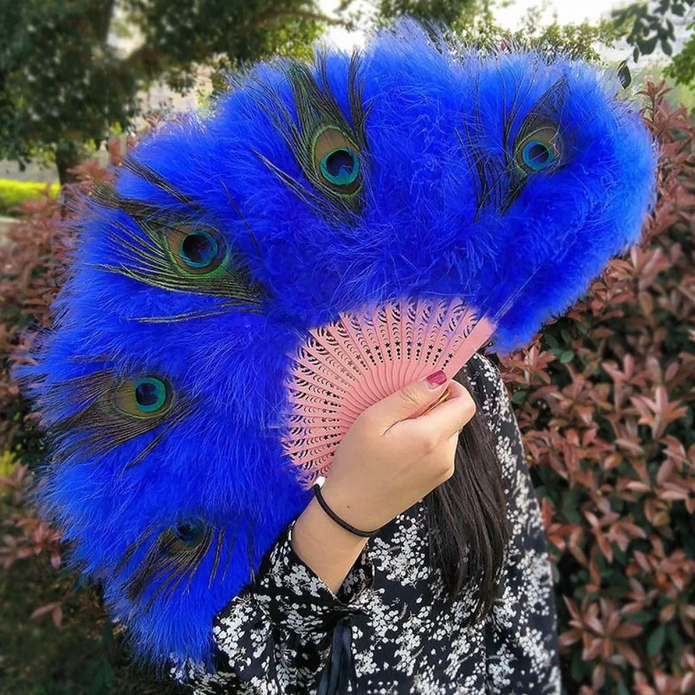 Abanico de plumas de pavo real plegable hecho a mano, decoración de boda, fiesta, baile, cosplay, ventilador portátil (azul)
