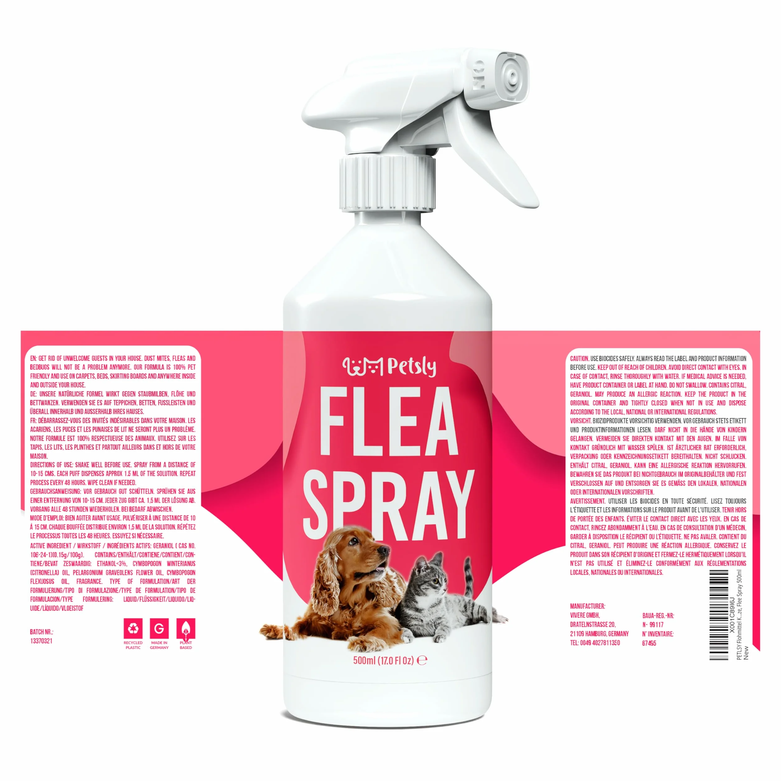 Petsly® Spray Antipulgas para Perros y Gatos -500ml- No Mancha - Antiparasitario Perros con Geraniol - Tratamiento Anti Pulgas, Garrapatas y Ácaros para el Hogar, Muebles y Textiles - Antipulgas Gatos