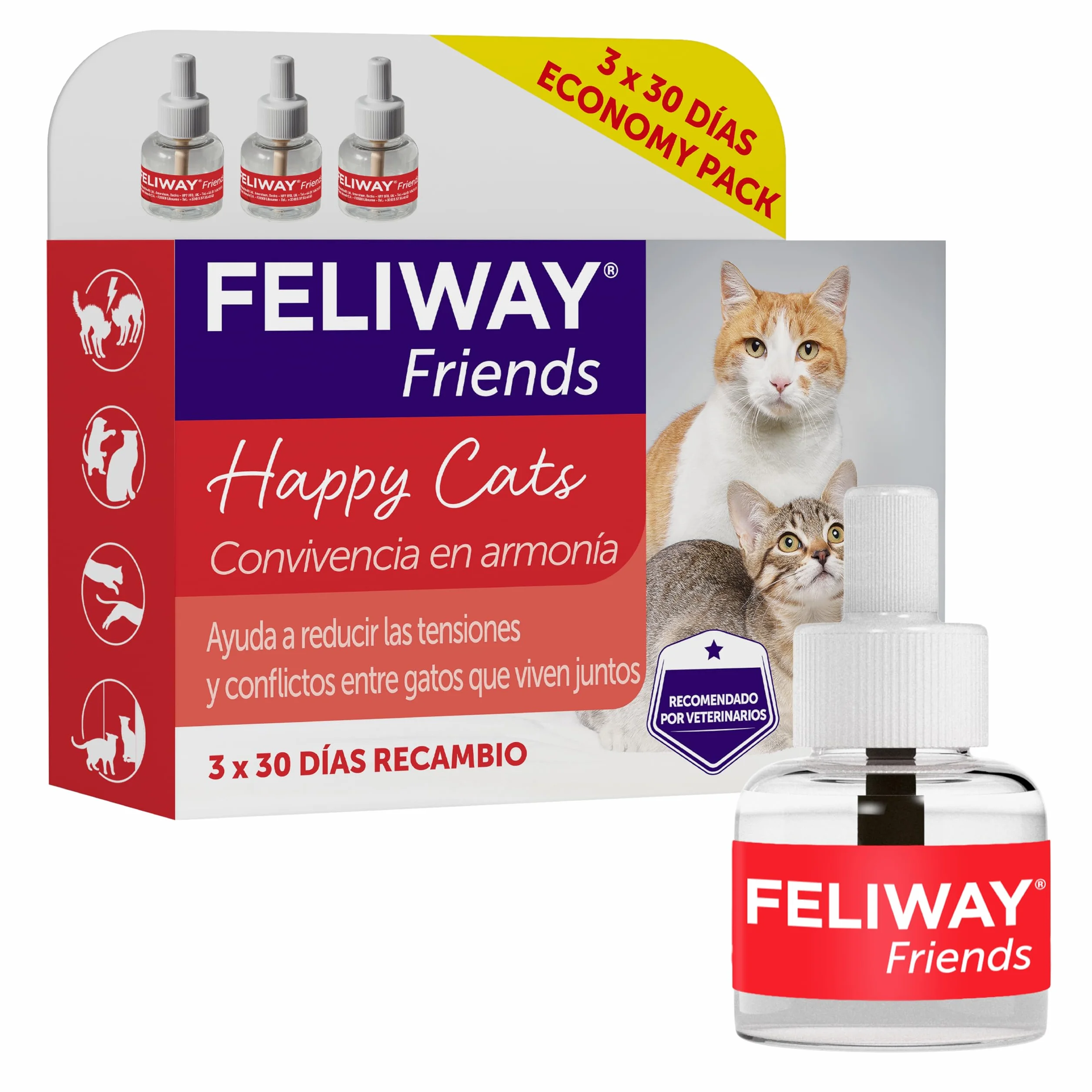 FELIWAY Friends - Pack Ahorro 3 recambios para 90 días (3x48ml) - Ayuda a crear armonía y a reducir conflictos entre gatos que viven juntos. Recomendado por veterinarios. Mejora la convivencia.