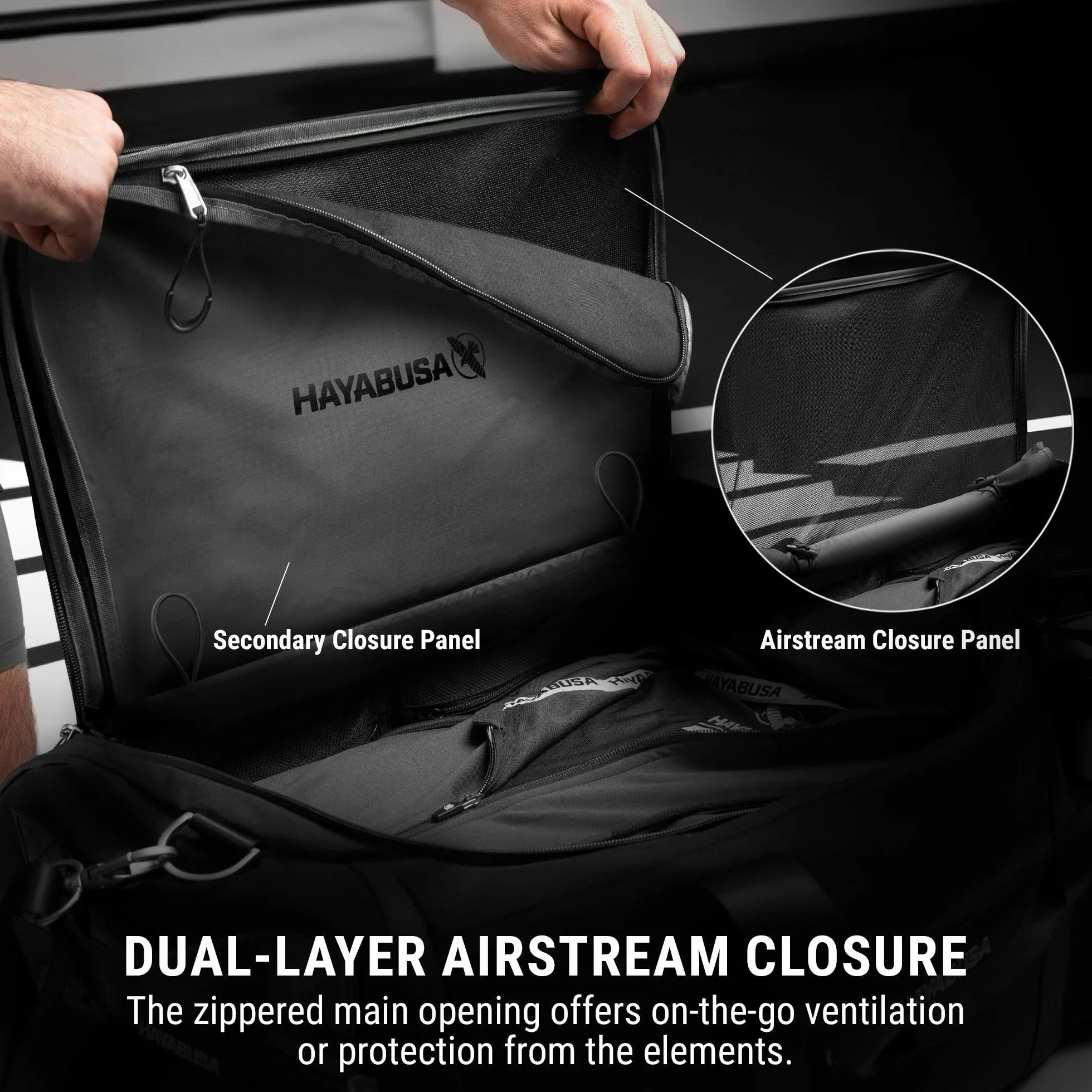Hayabusa Airstream Bolsa de gimnasio negra 50 l 7 bolsillos con cremallera para viajes boxeo MMA BJJ kickboxing