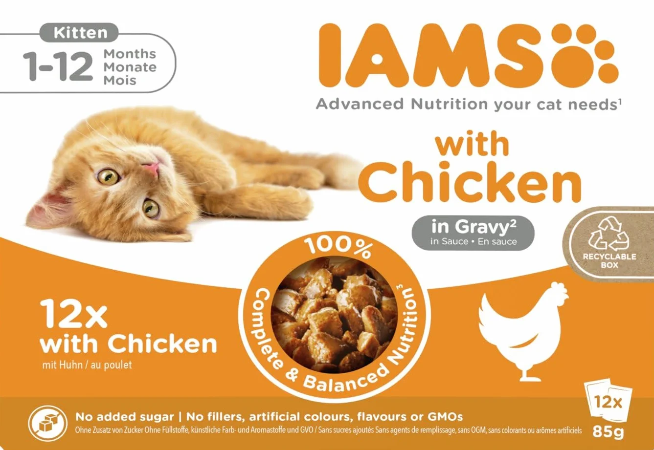 IAMS Advanced Nutrition Alimento húmedo en Salsa, para Gatitos con Pollo, 12 x 85g