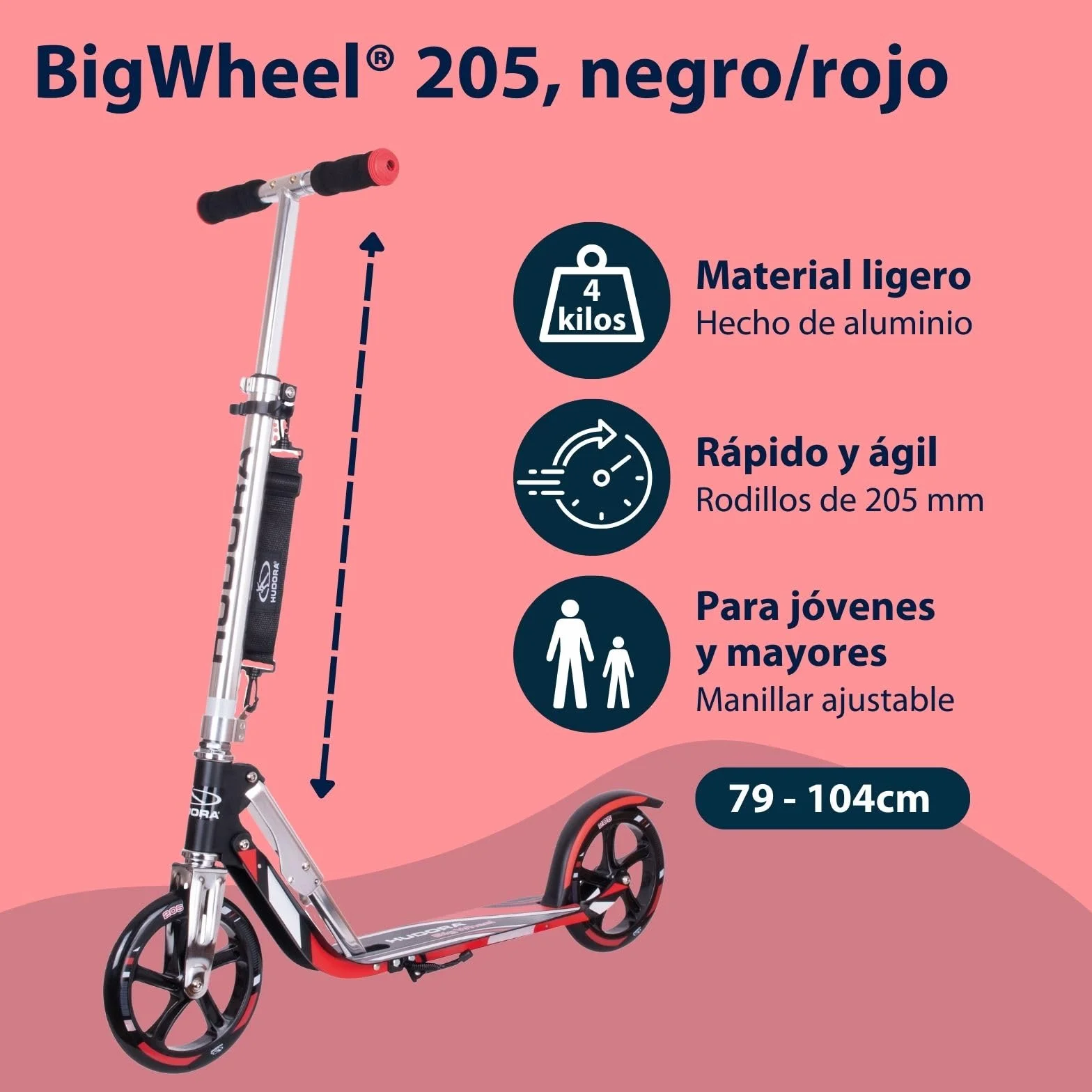 HUDORA BigWheel Scooter 205 Scooter Robusto de Aluminio Regulable en Altura y Plegable para Niños y Adultos hasta 100 kg