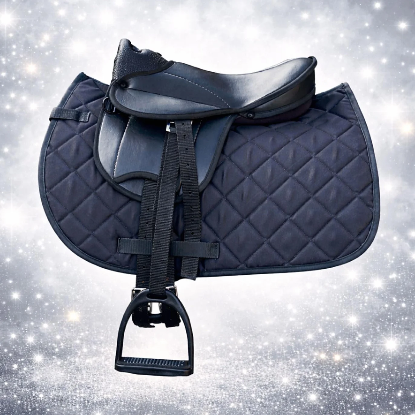 Brama West - Conjunto de silla de montar para caballo de madera "My Happy Pony" | Silla de montar para shetty, caballo de madera y caballo de peluche | con sudadero, cincha, estribos y aciones (Negro)