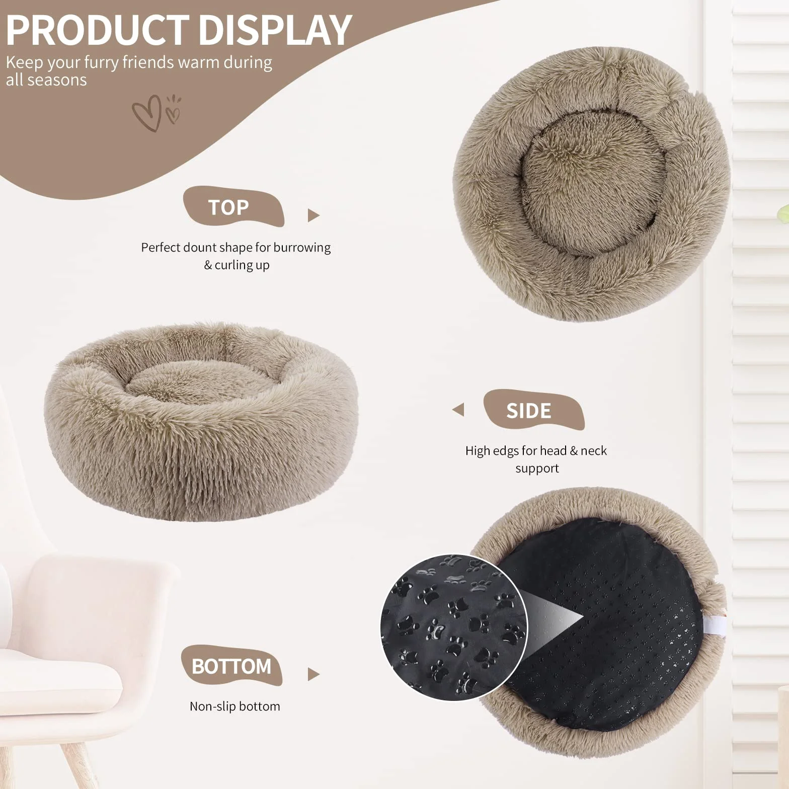 BVAGSS Cama de Felpa Deluxe Plush Redonda de Pelo Nido de Donut para Mascotas Deluxe para Gatos y Perros XH034 (Diameter:70cm, Light Brown)
