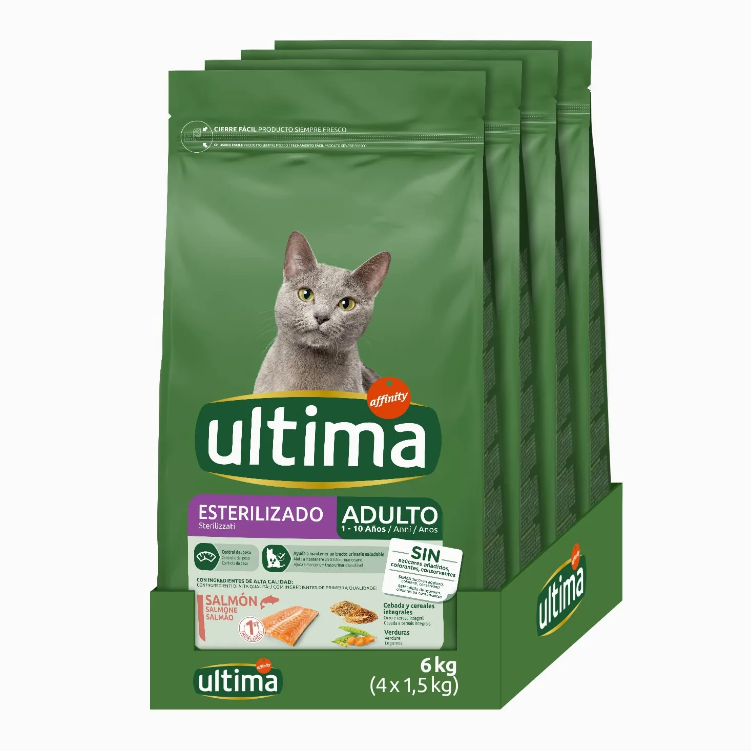 ultima Pienso para Gatos Esterilizados Adultos con Buey, Pack de 8 x 800g - Total: 6.4kg & Pienso para Gatos Esterilizados Adultos con Salmón 4 x 1.5 kg