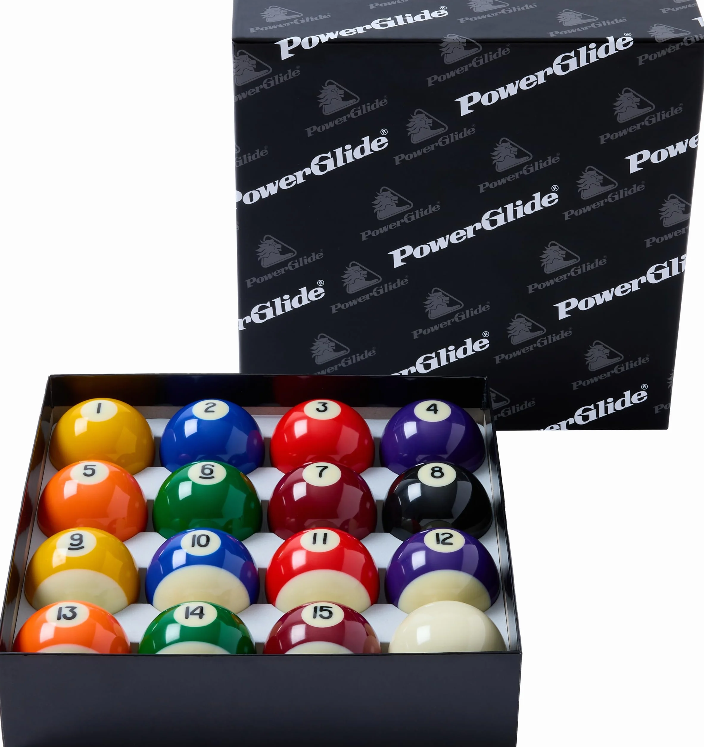 PowerGlide Juego de Billar de 16 Bolas Torneo Puntos y Rayas Rojo Amarillo Tamaños 1 7/8 2 2 1/4 Pulgadas Caja
