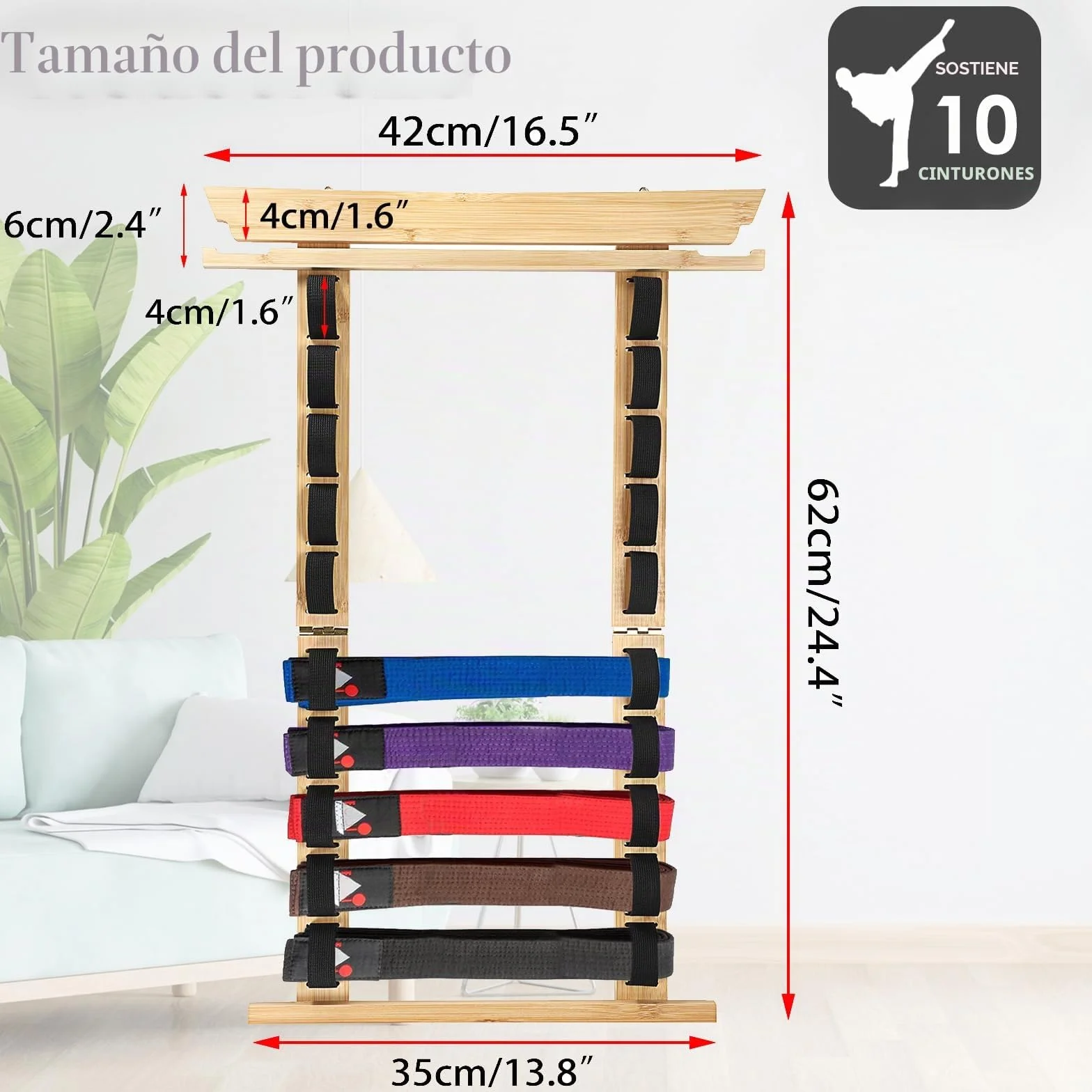 SUMNACON Soporte para cinturón de artes marciales, incluye 10 cinturones de bambú para taekwondo, soporte de pared para judo, karate y ninjitsu
