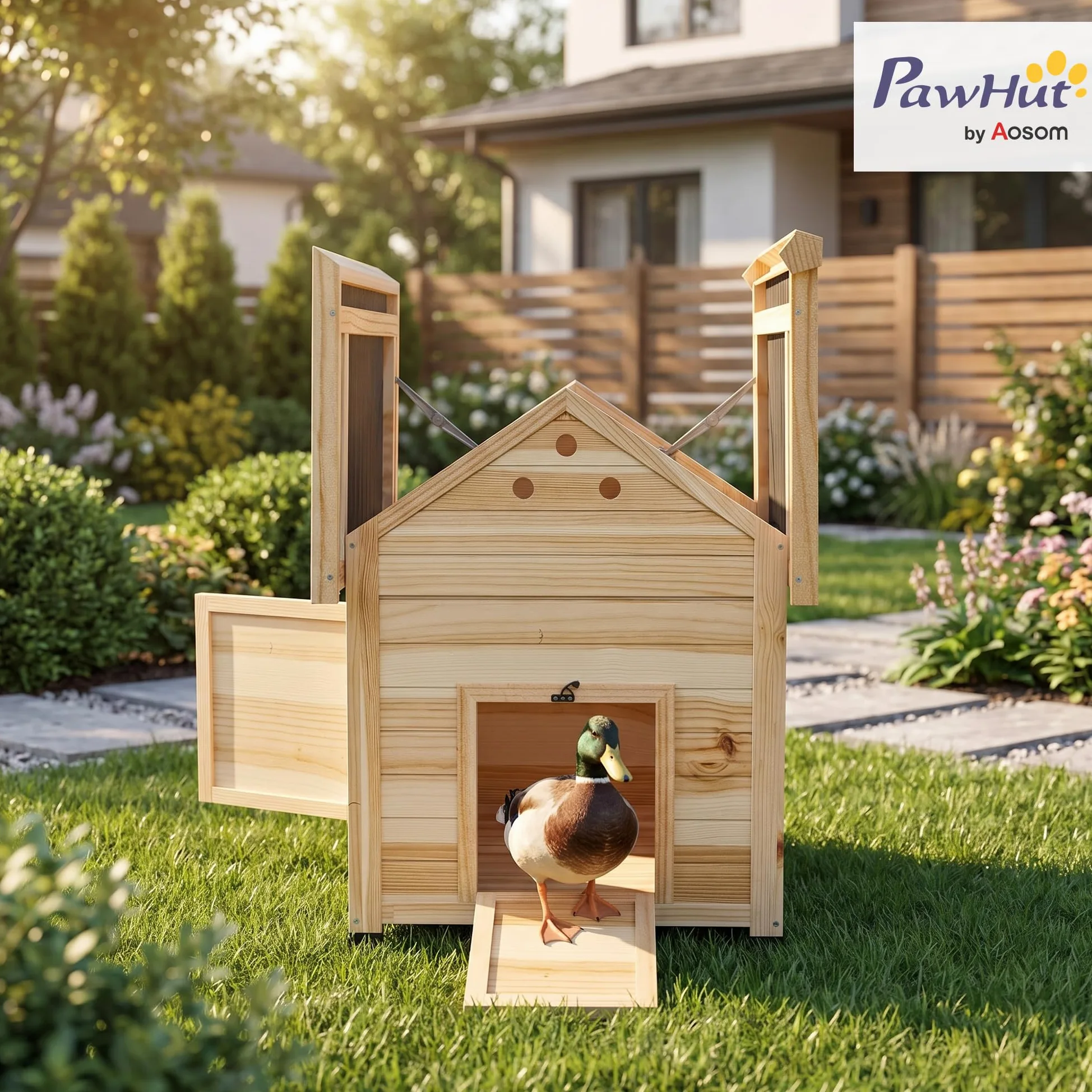 PawHut - Caseta para patos de madera, techo impermeable, 78 x 90 x 92 cm, madera natural | Para Patos y Gansos, Ventilación, Base Desmontable, Puerta Lateral, Gallinero