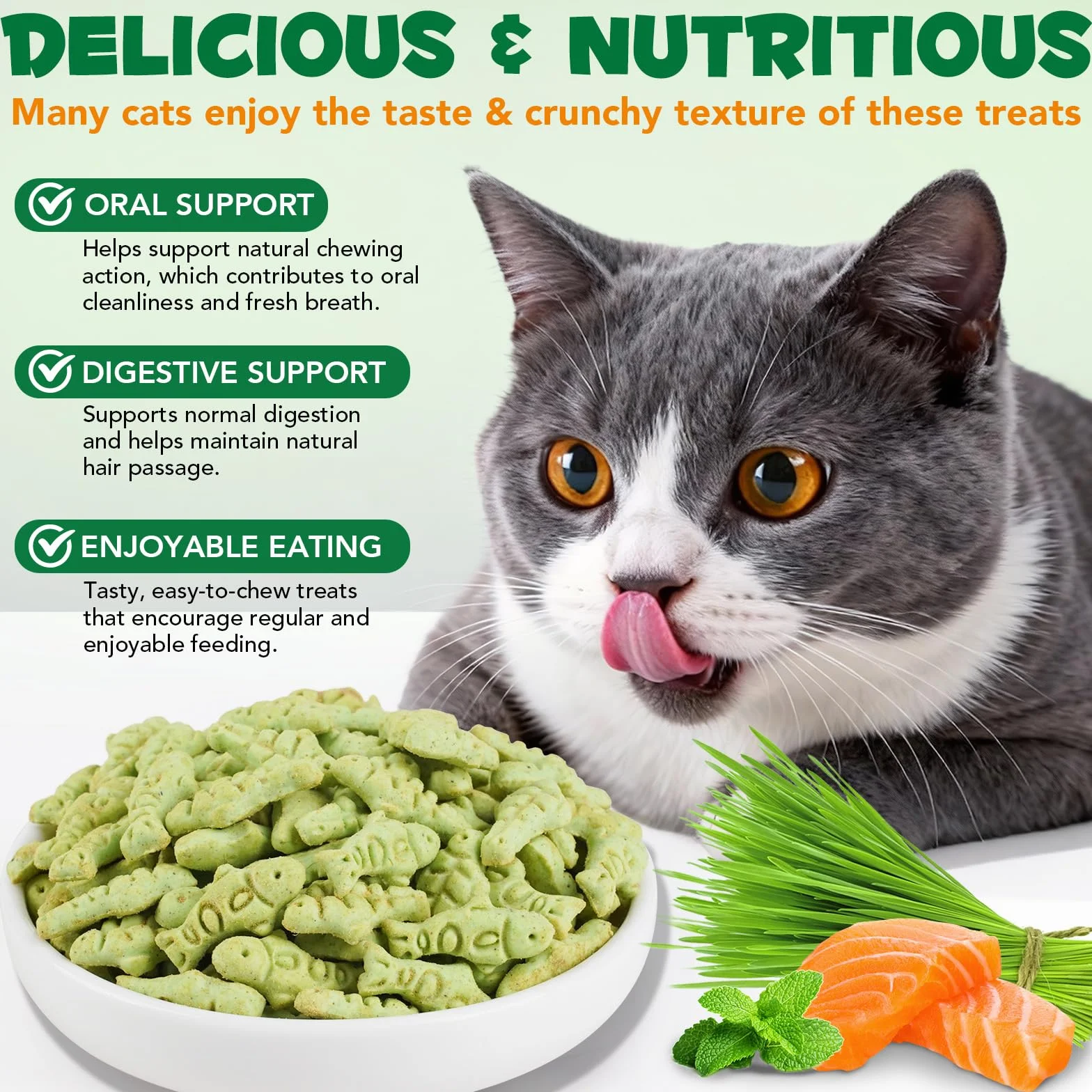 Golosinas de Hierba para Gatos 180g, Golosinas con Catnip para Gatos - Snacks para Ayuda con las Bolas de Pelo y Cuidado Dental, Fibra Natural para la Digestión, Textura Crujiente para Limpieza Dental