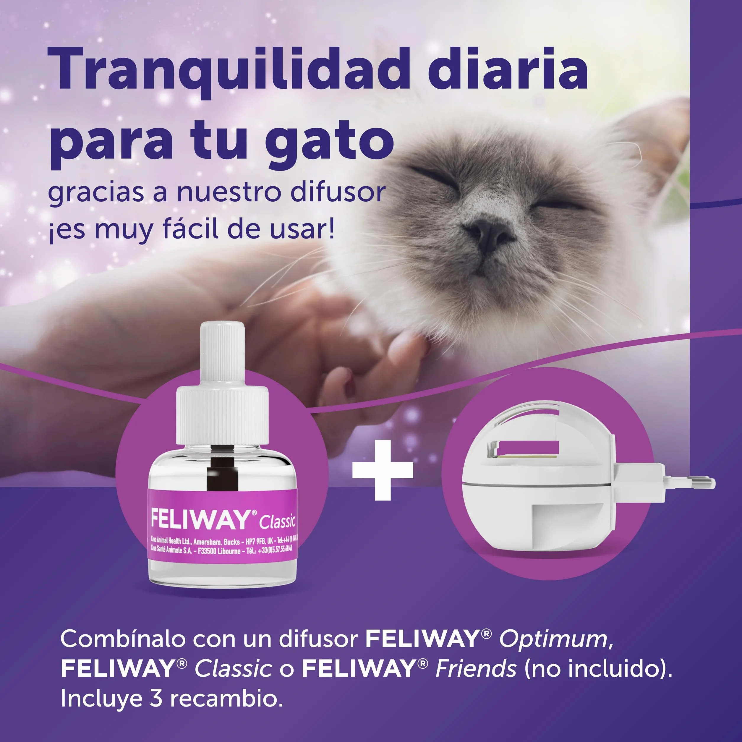 FELIWAY Classic - Pack Ahorro 3 recambios para 90 días (3x48ml) - Ayuda a reducir los signos más comunes de estrés en gatos y gatitos. Recomendado por veterinarios. Tranquilidad y bienestar.