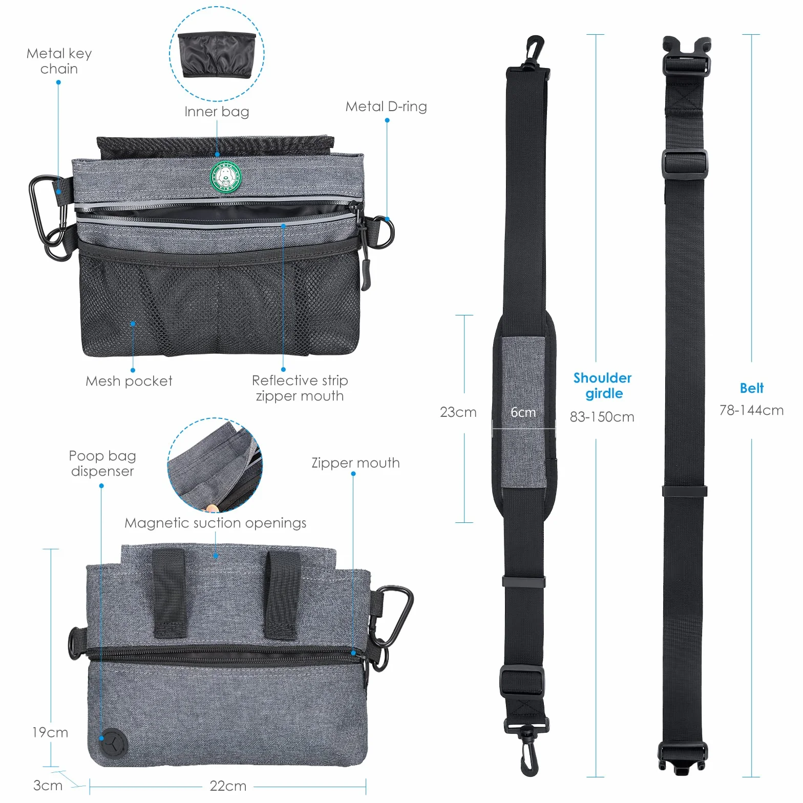 Brifit,Bolsa de entrenamiento para perros con cierre magnético, correas de transporte acolchadas integradas, dispensador de bolsas de excrementos para perros (1 rollo de bolsa de basura)