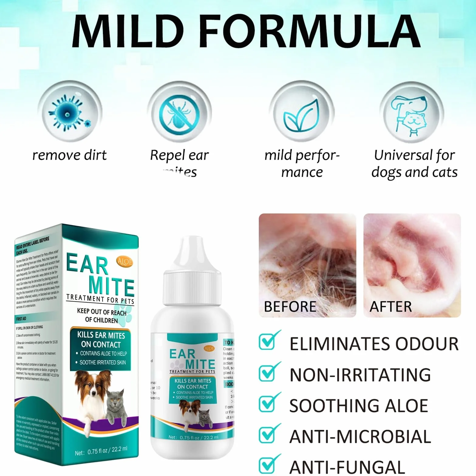 Gotas Limpiadoras para Oídos para Perros y Gatos, Solución de Cuidado para Orejas Suave y Eficaz, Elimina Suavemente la Cera la Suciedad y los Malos Olores