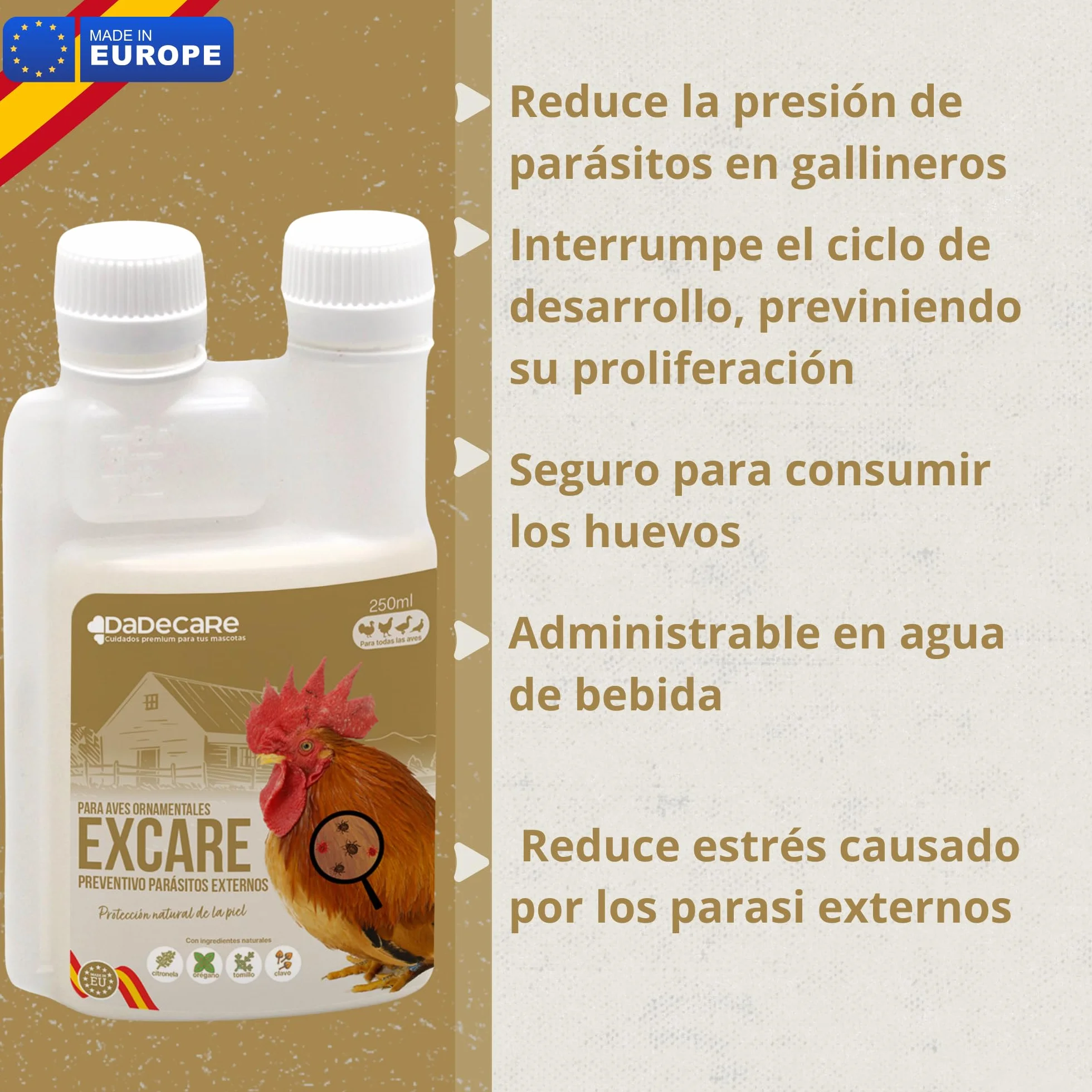Preventivo Parasitos Natural 250 ml - Gallinas, Aves de Corral y Exóticas - Extracto de Citronela y Clavo - Fórmula Natural - Excare