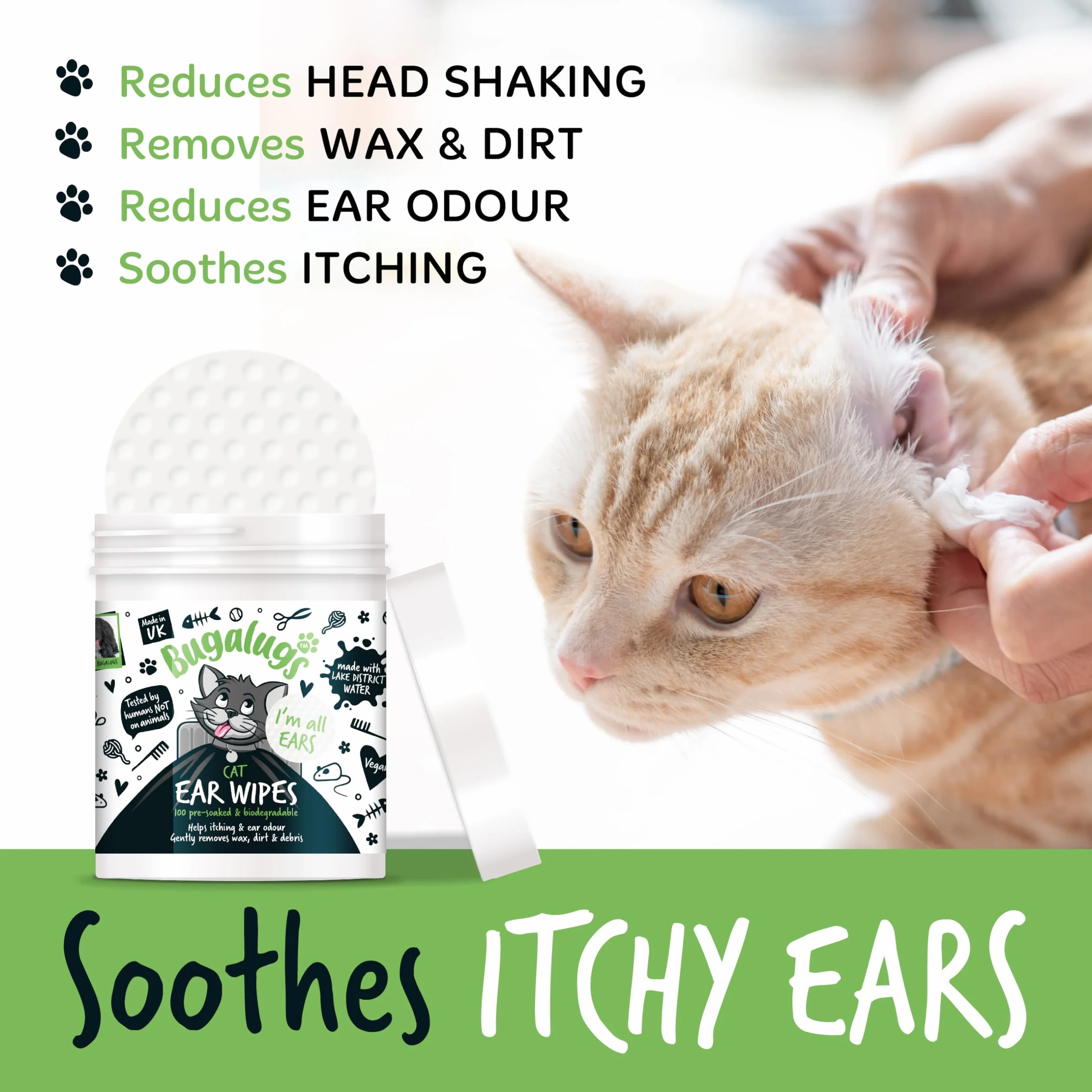 BUGALUGS - Toallitas Calmantes para Limpieza de Oídos de Gatos - 100 Unidades - Aloe Vera & Hamamelis - Control de Cera - Higiene Auricular - Alivio de Picor - Uso Diario - Fórmula Natural y Suave