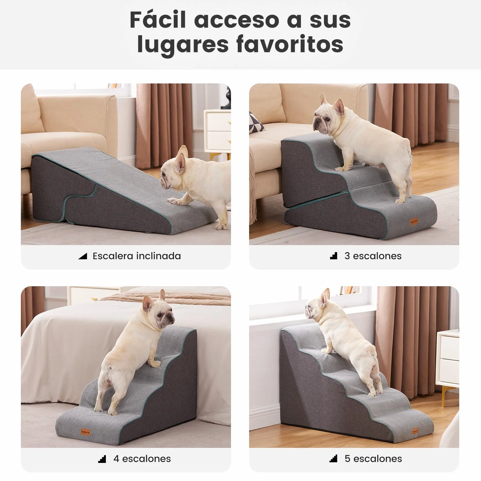Gardner Pet Escaleras para Perros 2 en 1, Altura 42cm, con Tres Peldaños de Espuma de Alta Densidad y Diseño Antideslizante para Facilitar el Acceso a Sofás y Camas - Gris