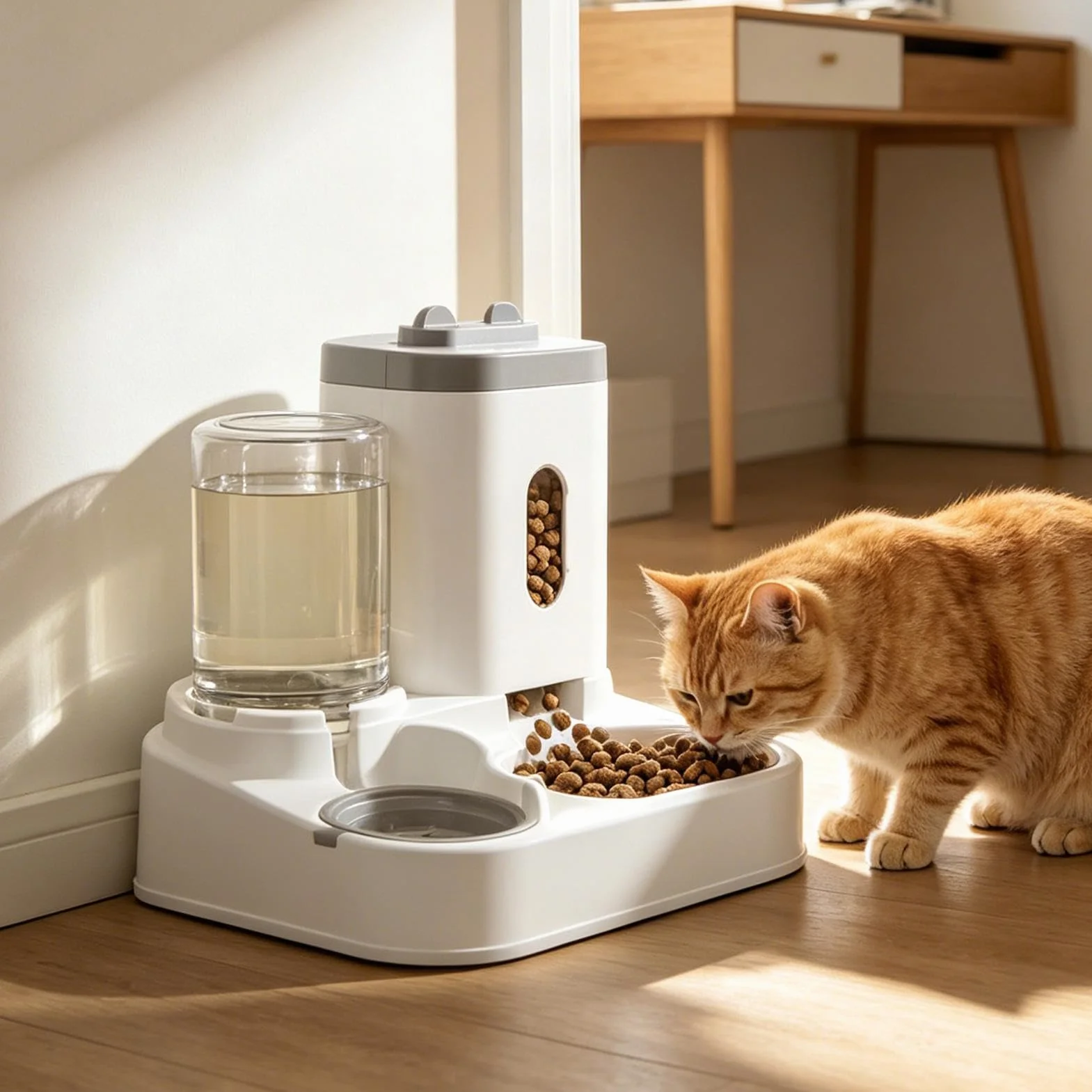 Comederos Automático para Gatos - Dispensador De Agua Y Comida para Mascotas 2 En 1 | Dispensador Inteligente De Comida para Gatos Automático para Interiores para Perros Y Gato Pequeños (Gris)