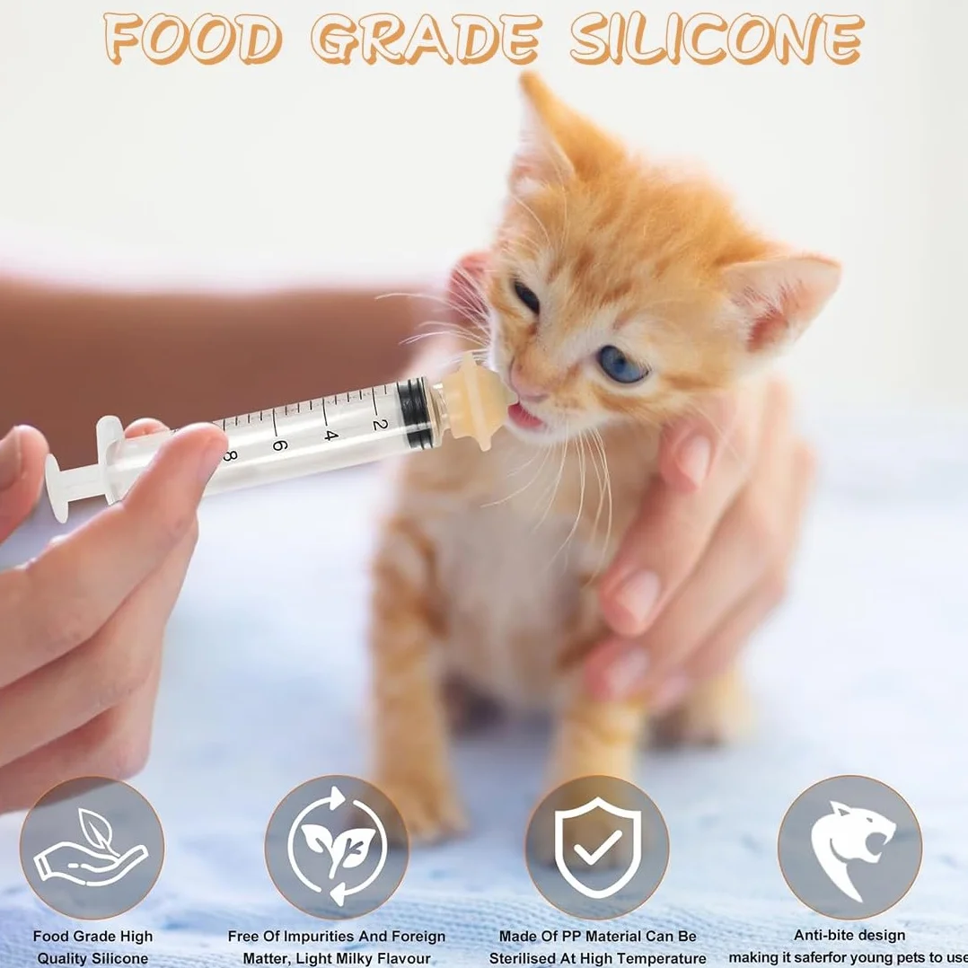 10 Piezas Unidades Kitten Feeding Kit, Syringes & Nipple Set para Gatitos, Biberon Gatos Recien Nacidos, 2 Jeringas de alimentación y 8 Pezones de Silicona, Cachorros y Suministros Reutilizables