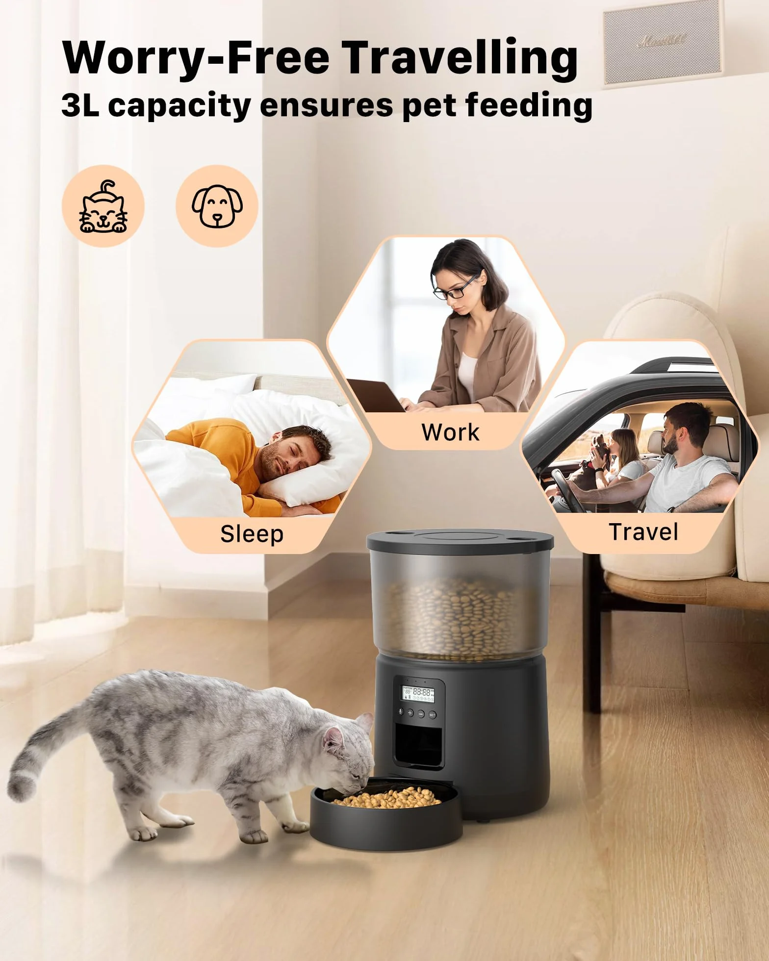 Comedero Gato Automatico - Dispensador Comida con Temporizador Programable - 1-6 Comidas al DíA - Comedero con Presione la Tapa y FuncióN de GrabacióN de 10s - 3L