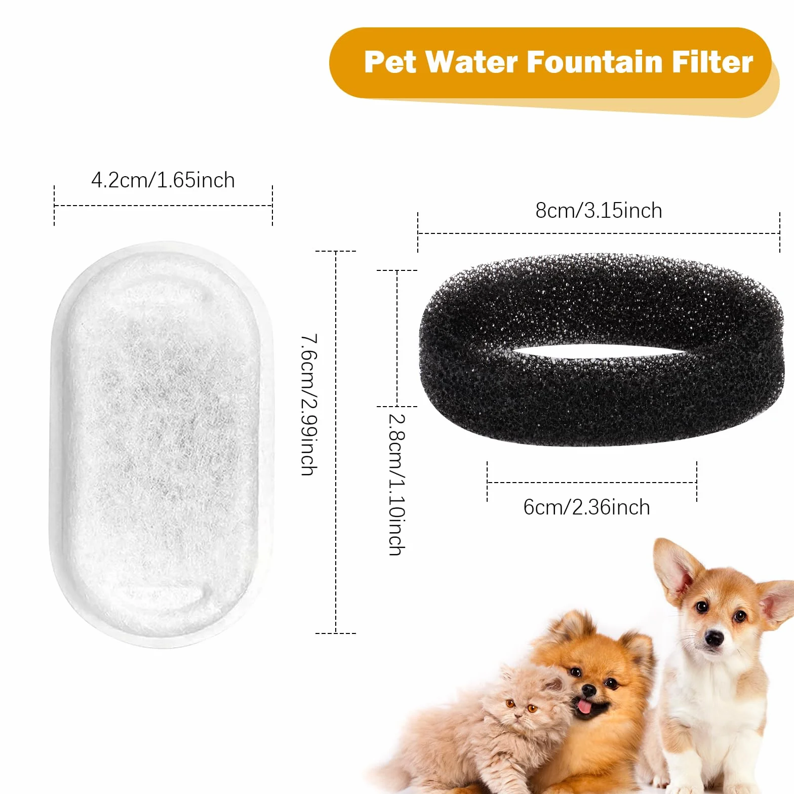 MXTIMWAN 16 Piezas Filtros de Fuente para Gatos, 8 Filtros de Carbón y 8 Esponjas de Espuma para 3,2 L Fuentes de Acero Inoxidable, Filtros Fuente con Carbón Activo