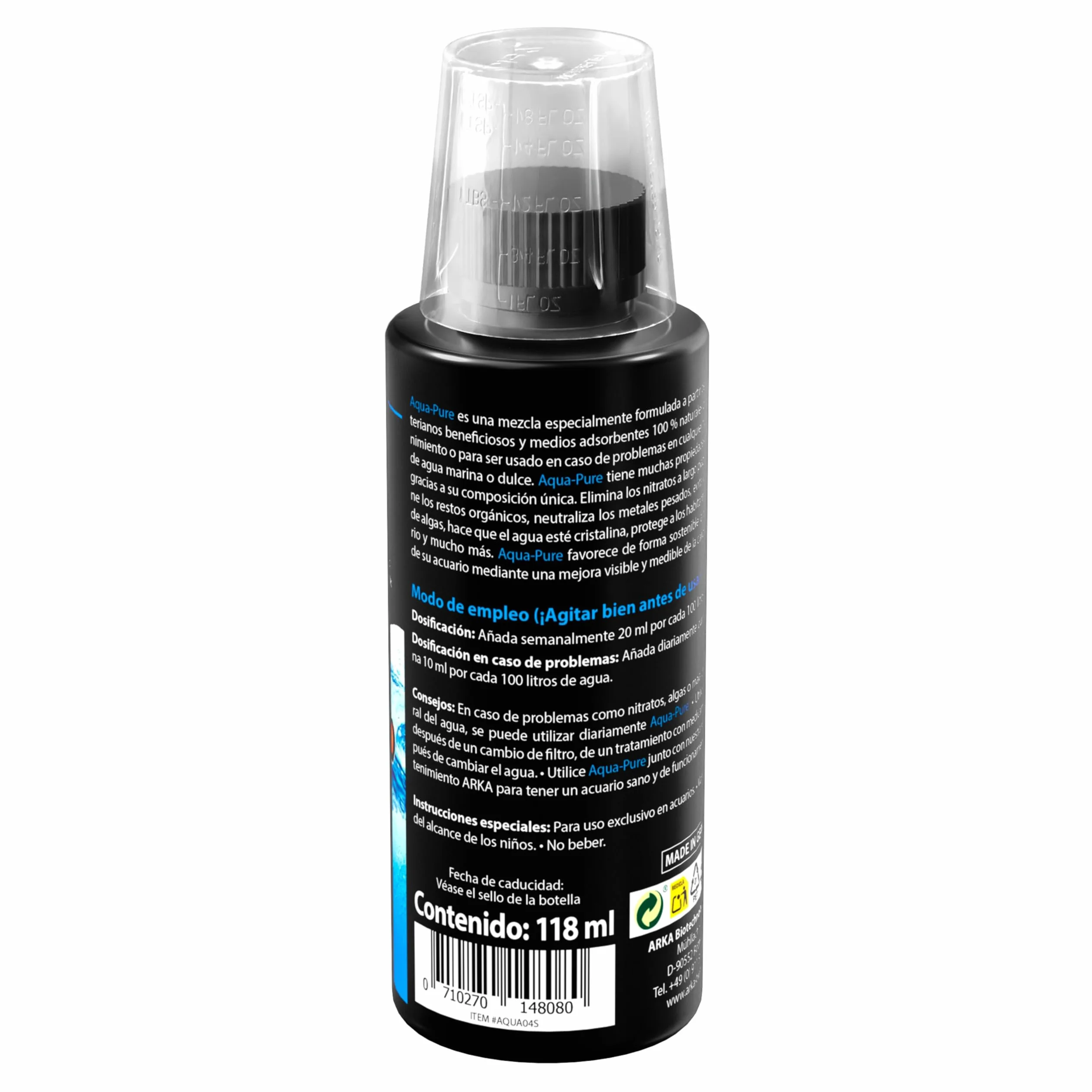 Aclarador de Agua Acuario 118 ml – ARKA Aqua-Pure – Elimina turbidez y residuos – Agua cristalina en acuarios Dulces y Marinos – 100% biológico con bacterias filtrantes – Seguro para Plantas