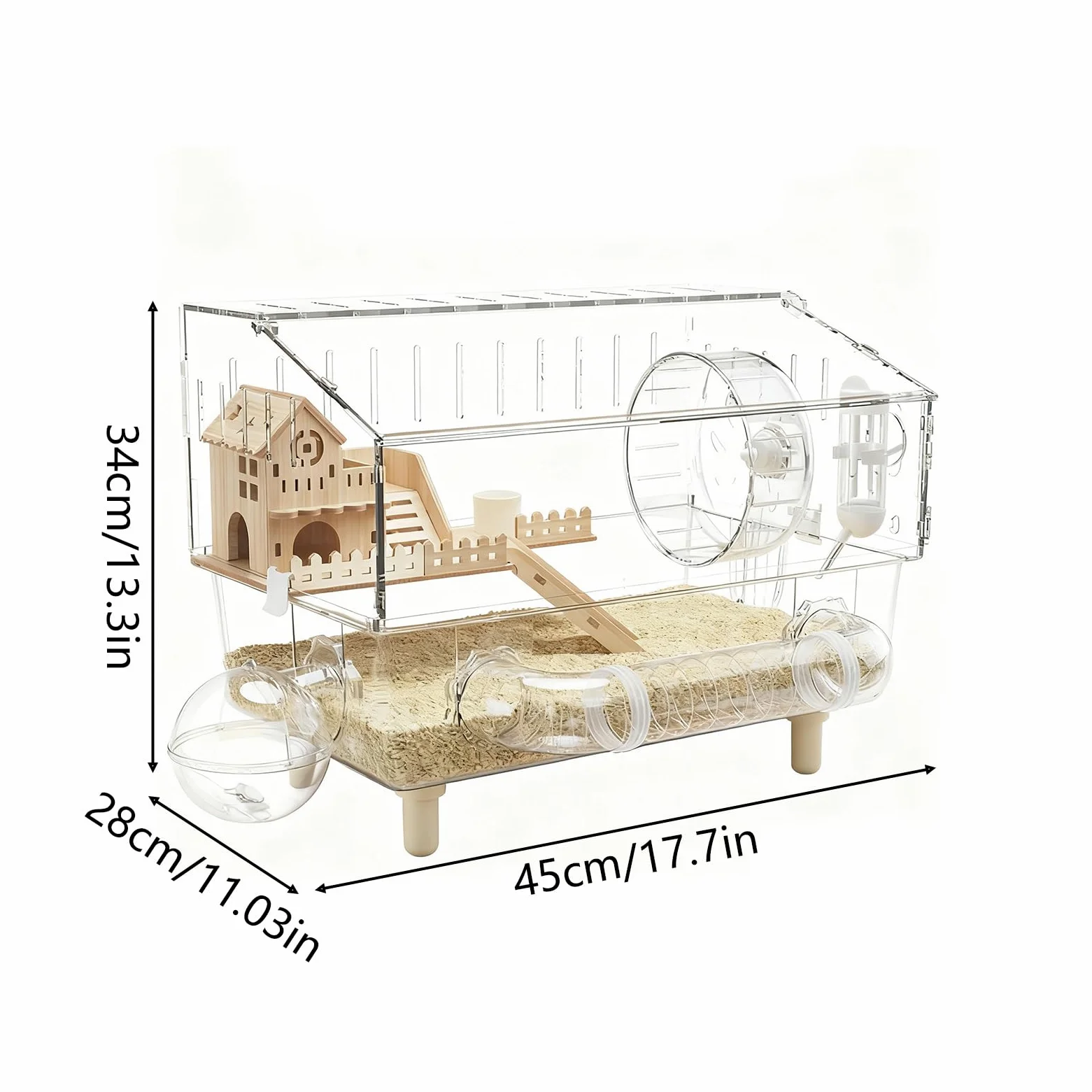 Jaula Grande para Hámster Hábitat para Chinchilla con Dos Niveles | Jaula para Hurón Acrílica de 45x28x34 centímetros Para Erizo Hurón Gerbo Chinchilla Mascotas Pequeñas Monitoreo