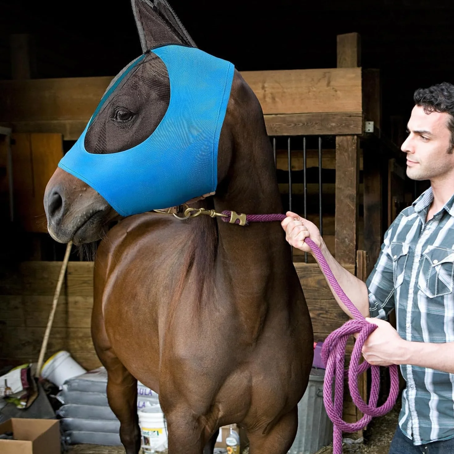 Máscara de Mosca Azul para Caballos con Orejas, Protección UV y Moscas, Malla Transpirable