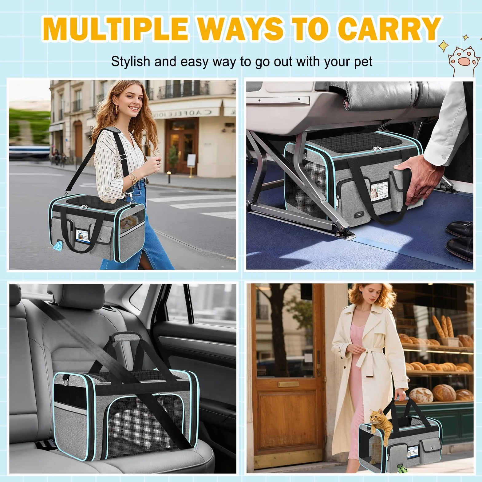 TEUEN Transportín Plegable Aprobado por Aerolíneas - Bolsa Viaje para Gatos y Perros hasta 9kg, 4 Lados de Malla, Tejido Antiarrañazos con Cojín Lavable y Correa de Seguridad