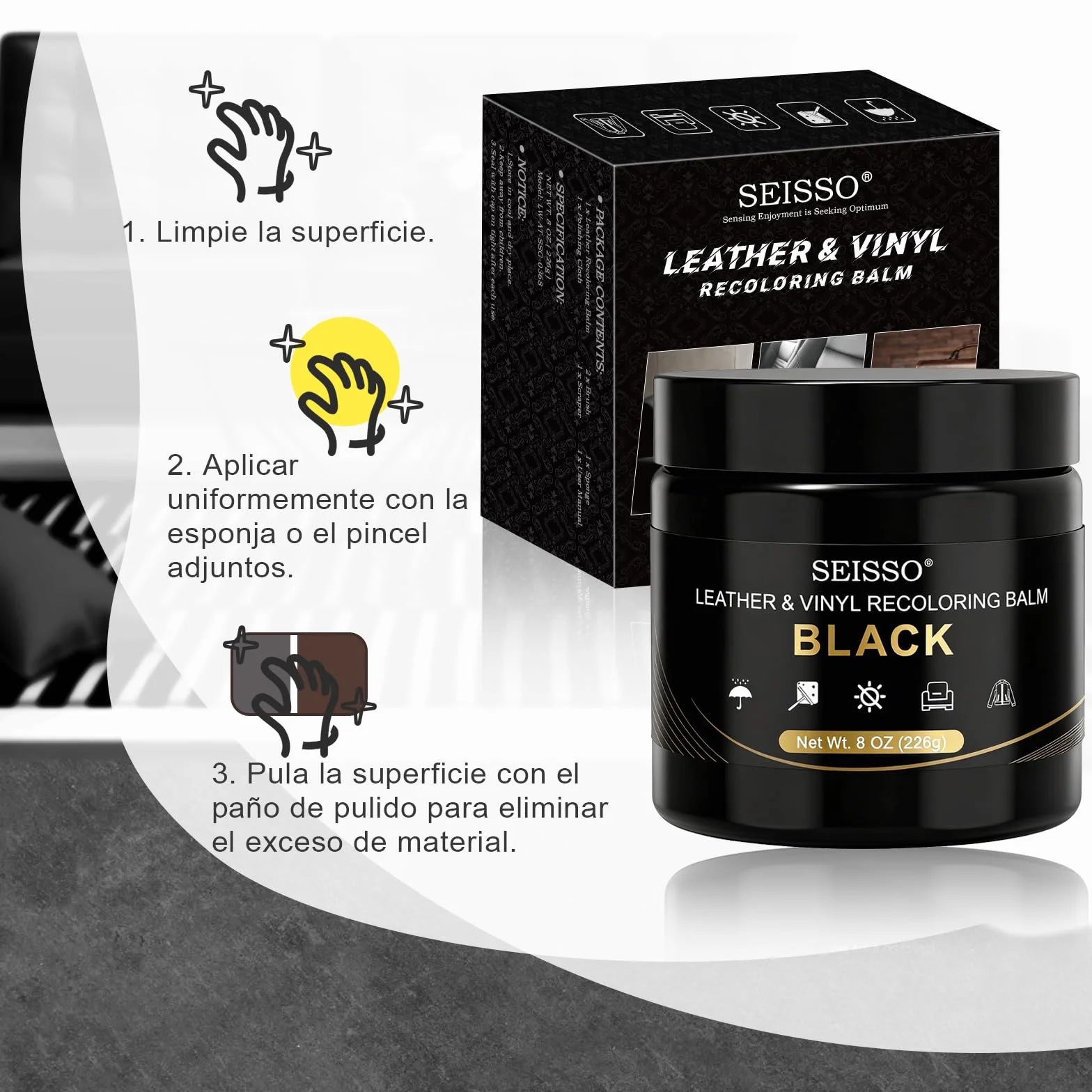 SEISSO Juego de Reparación de Cuero, 200 g, Crema de Reparación de Cuero, Restaurador de Cuero, para Cinturones, Zapatos, Asientos de Coche, Sofás (Negro)