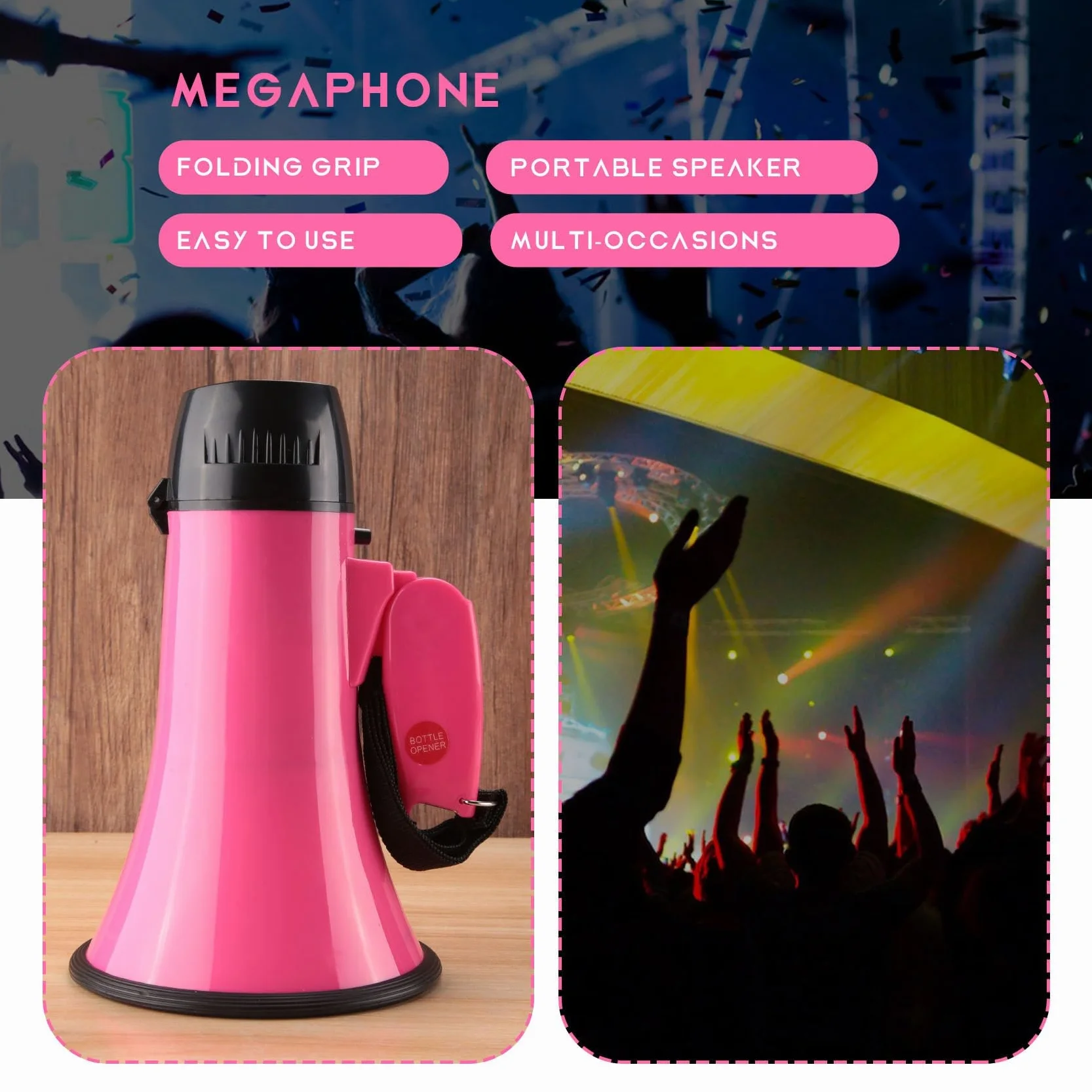 Altavoz Megáfono PA Bullhorn 25W Sirena Grabadora Voz Abrebotellas Rosa