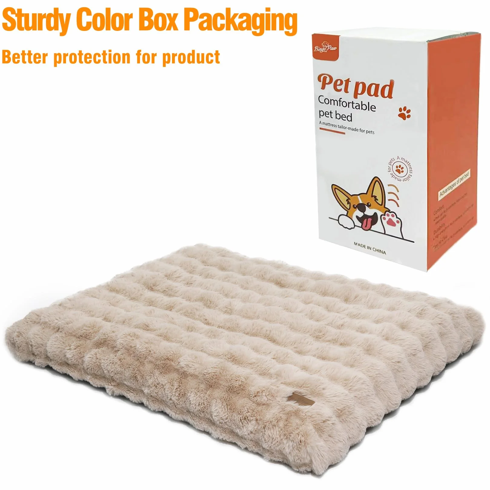 BingoPaw Cama para Perros Medianos 76x51x10cm, Cama Perro Lavable Colchón para Perro Impermeable Funda Peluda Removible y Base Antideslizante para Perros Medianos, Beige