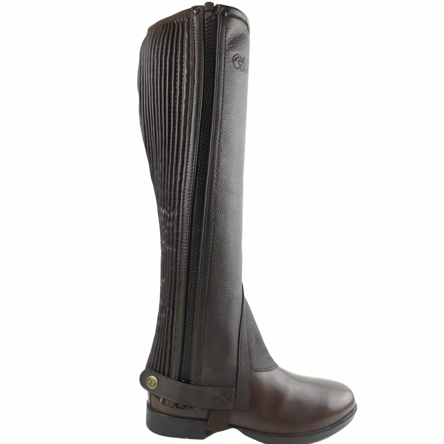AK Mini Caballo de cuero completo flor con cremallera lateral y panel extensible Horse Riding Half Chaps AKRS-1022