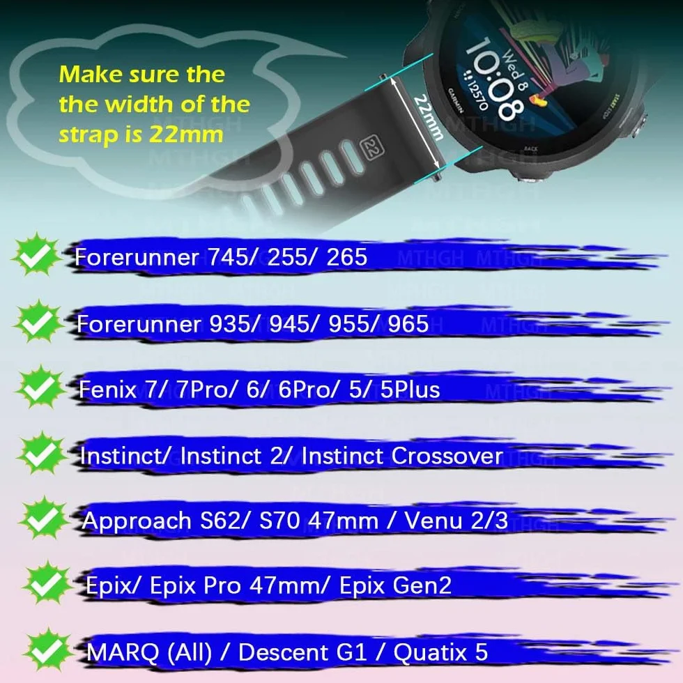 Correa de reloj 22mm para Garmin Fenix 7/6/5 Forerunner 965/955/945/935, silicona suave anillos de sujeción Loop 10 Piezas