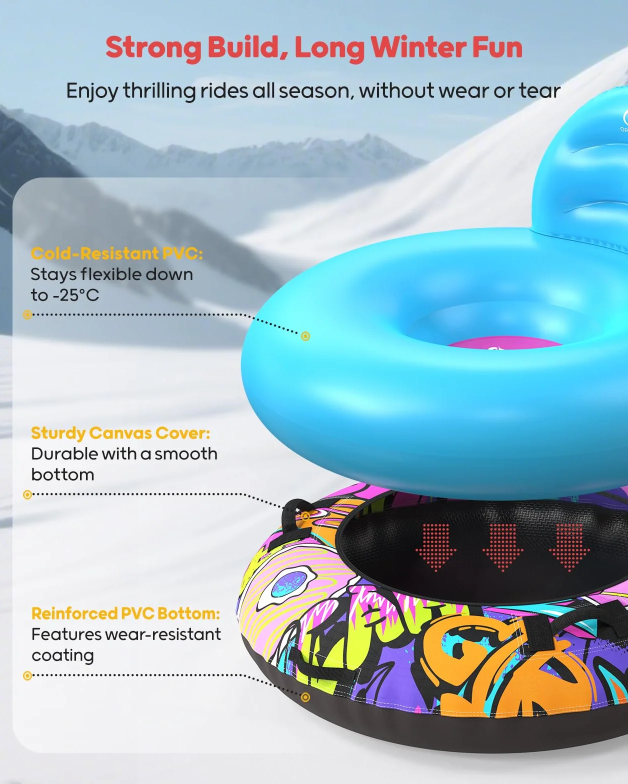 QPAU Trineo inflable 44 pulgadas 227 kg con respaldo cubierta asas cuerda lijado paquete 2 unidades