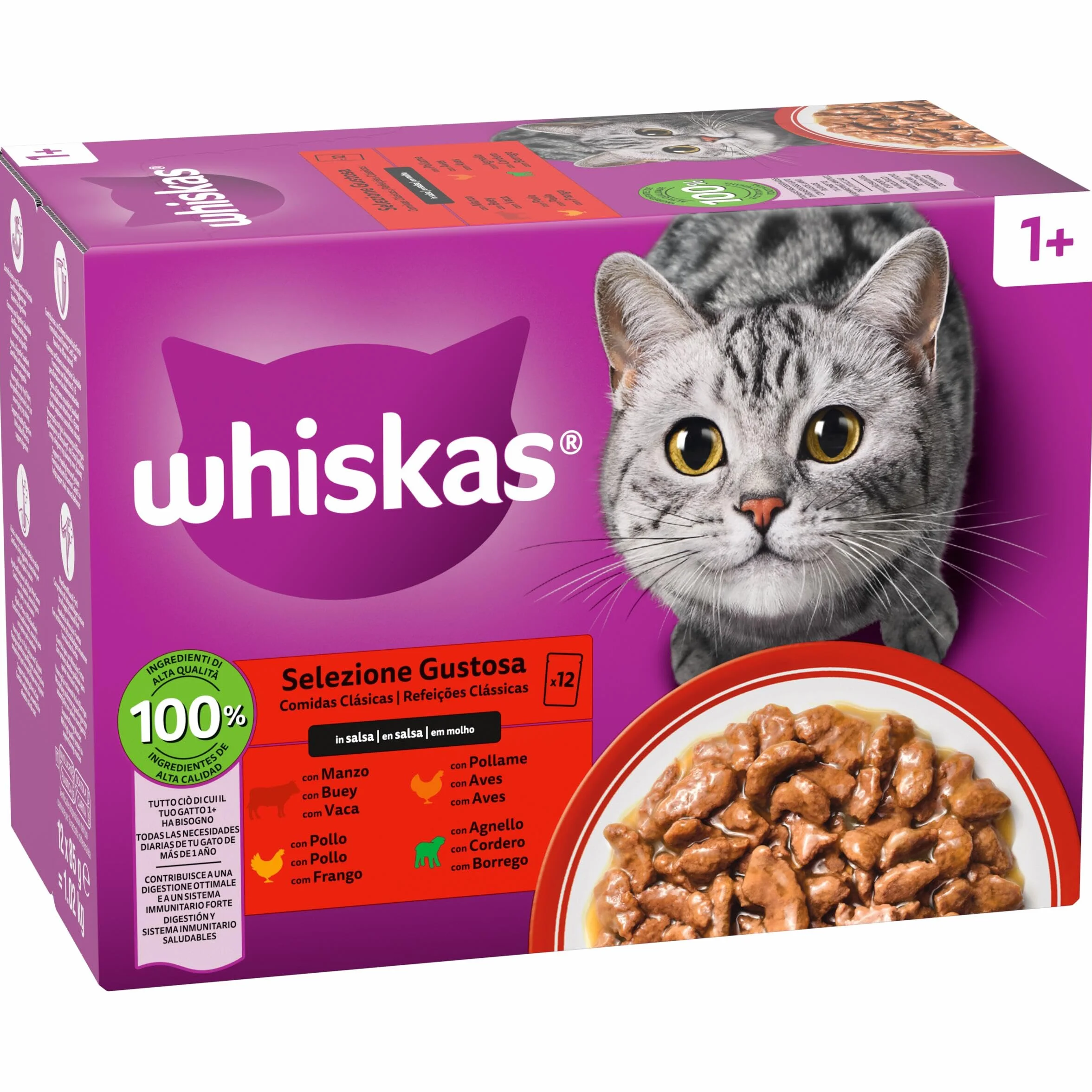 WHISKAS Duo Comida húmeda en Salsa Gatos Adultos Comb. Clásicas - 4 x 12 bolsitas x 85g