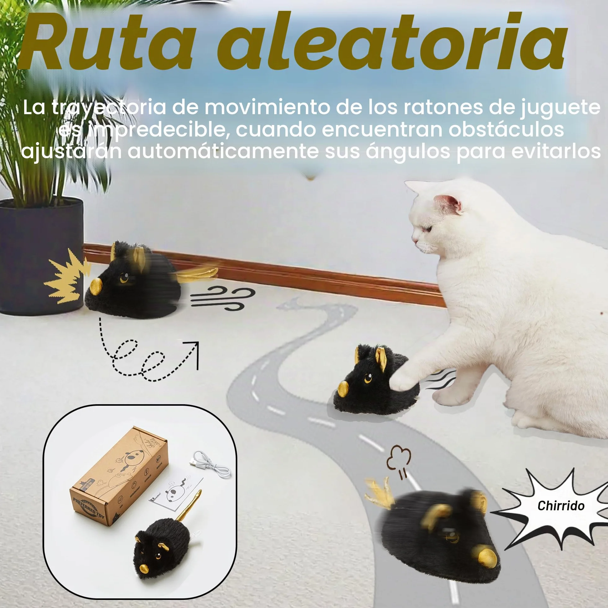 Vealind Juguete Eléctrico para Gatos, Ratón de Juego con Movimiento, Recargable por USB, Interactivo (Negro)