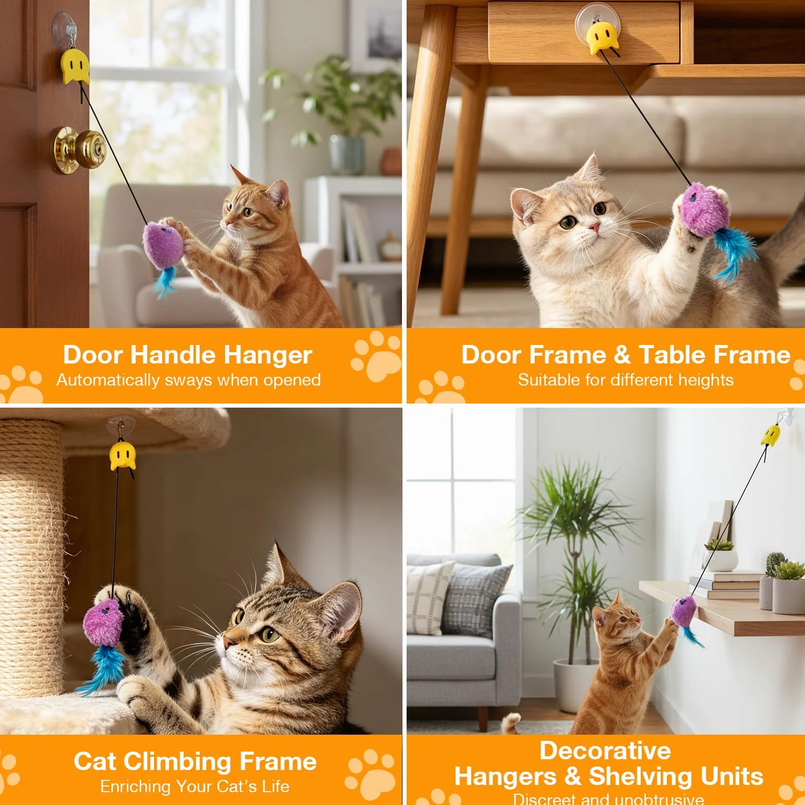 Romon Juguetes para Gatos, Set de 3 con Raton y Pájaro, Juguete Gatito Colgado de Puerta, Juguete Interactivo Gato con Cuerda Elástica Ajustable y Ganchos Adhesivos Transparentes