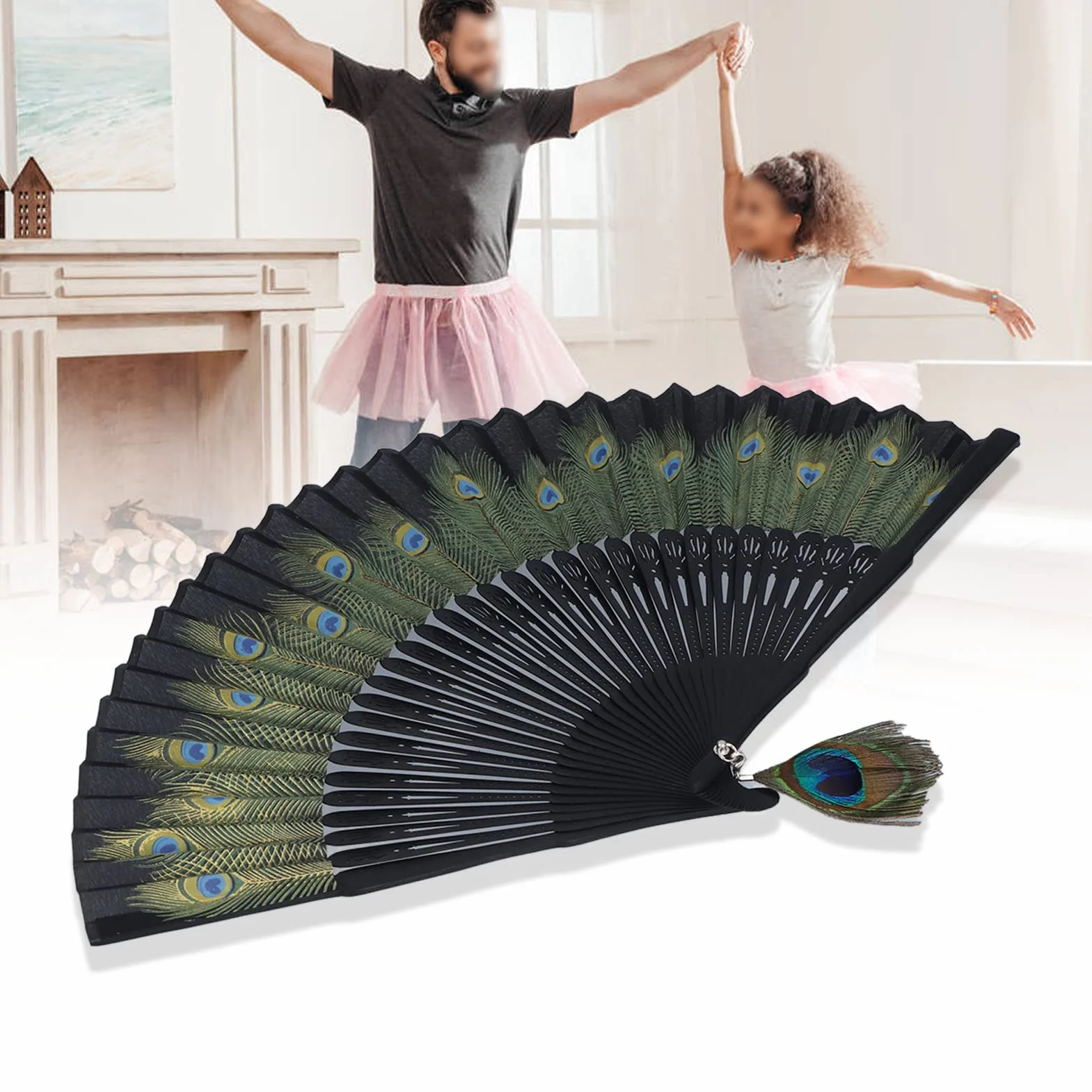 Abanico de Mano de Bambú Antiguo Plegable con Patrón de Pavo Real para Decoración de Pared