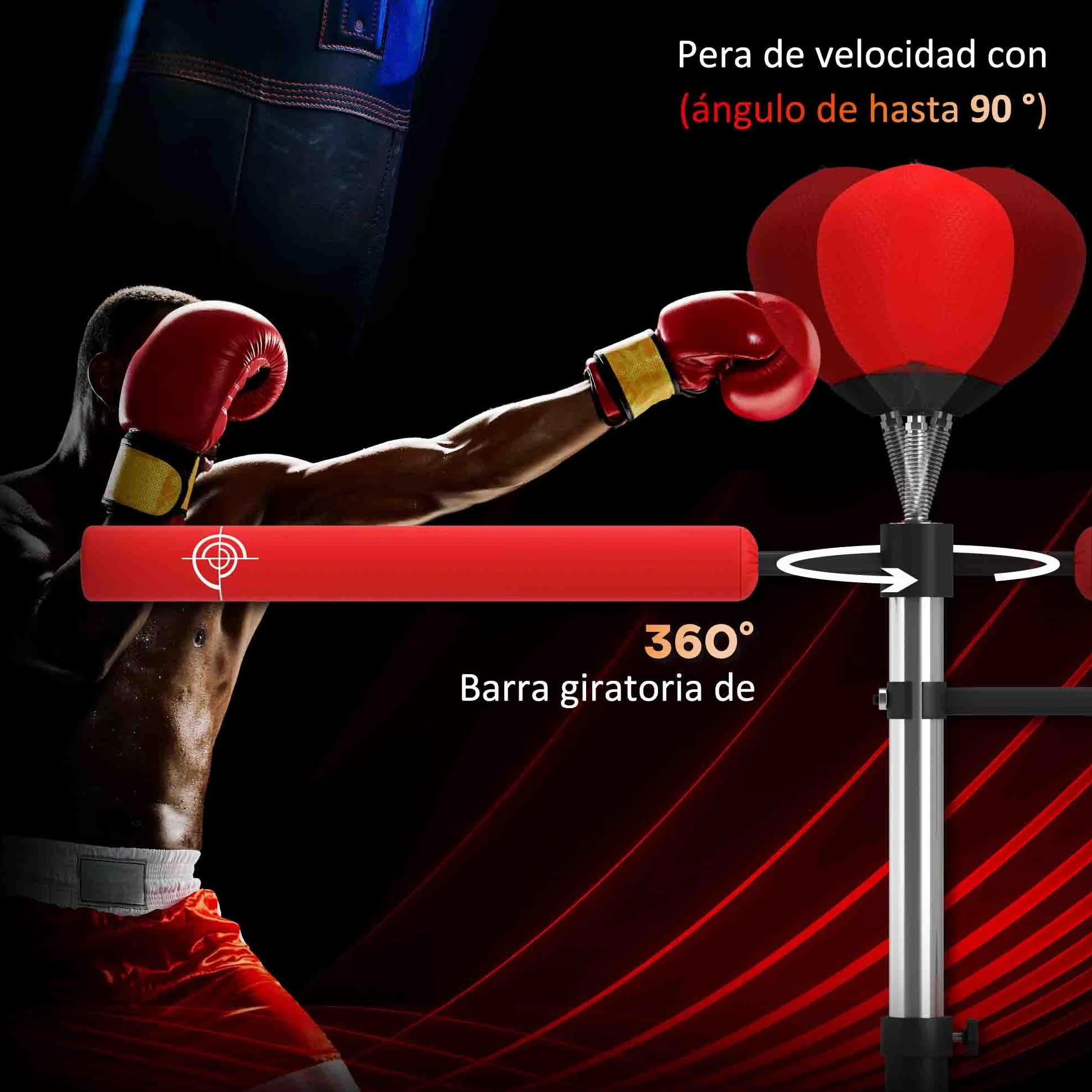 HOMCOM Saco de Boxeo de Pie 160-230 cm 360° Barra Giratoria 2 Bolas de Velocidad Base Rellenable Punching Ball Adultos Niños MMA Muay Thai