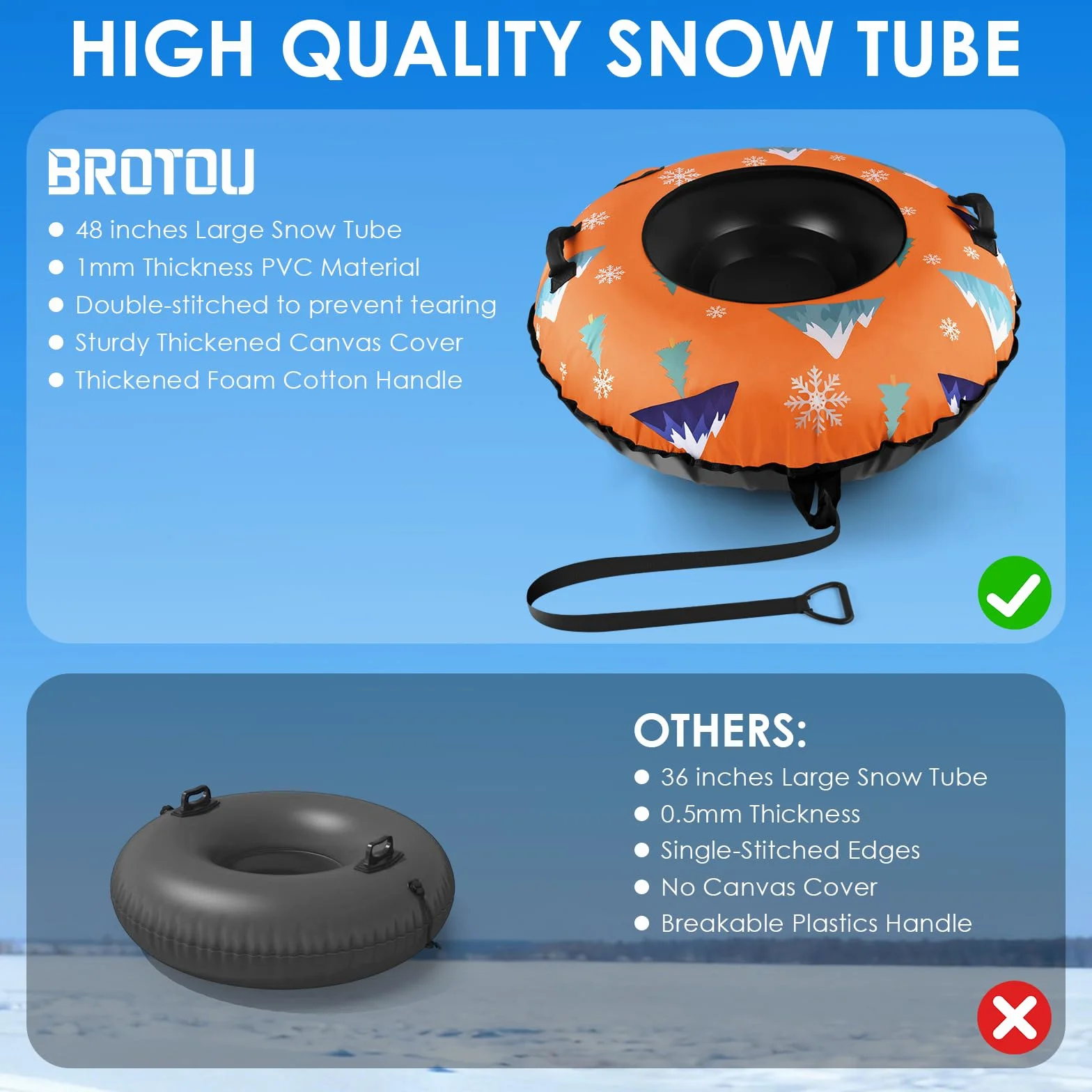 BROTOU Trineo inflable de nieve 120 cm con asas y funda