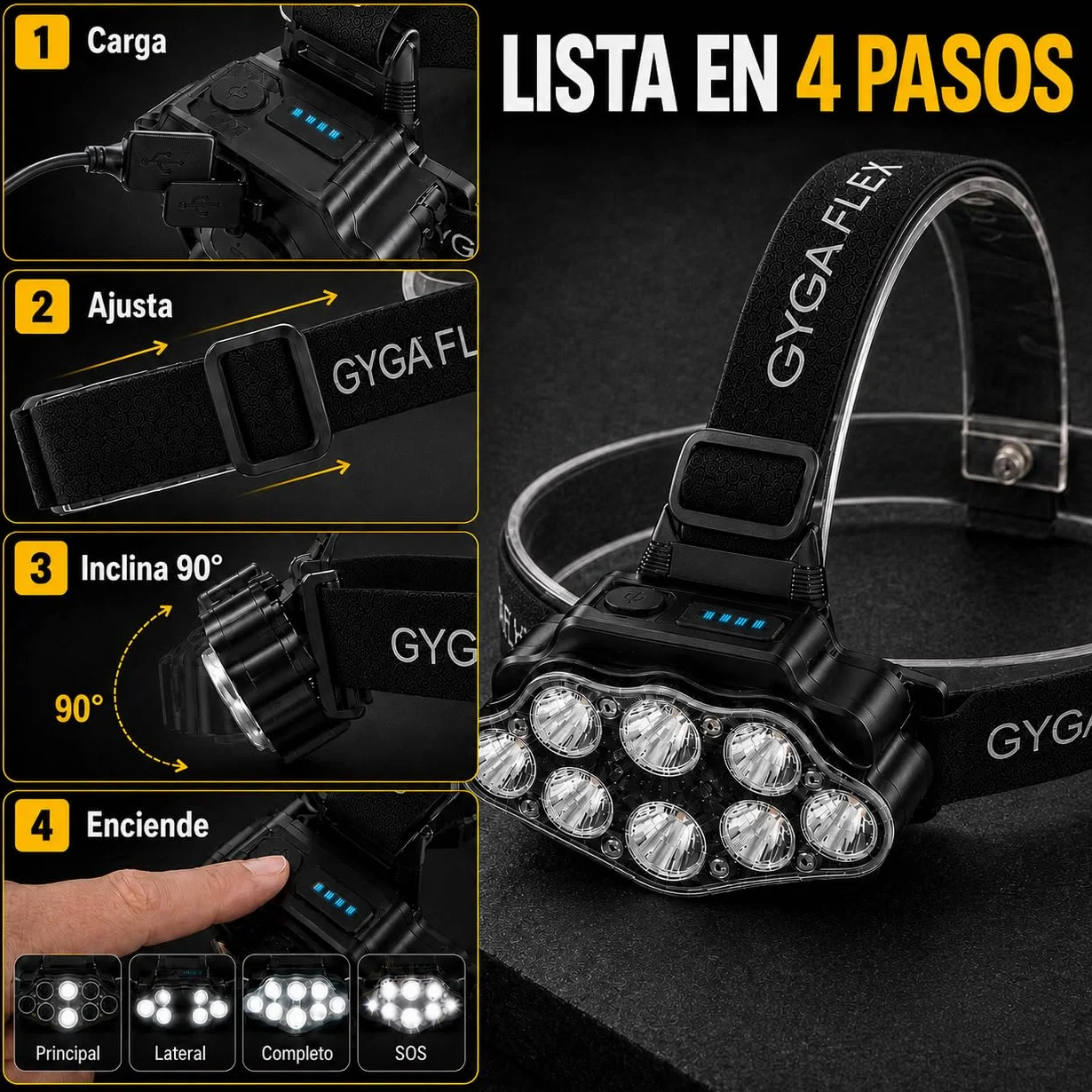 Linterna Frontal LED Recargable 4 Modos IPX20 100 Metros Ajustable 90°