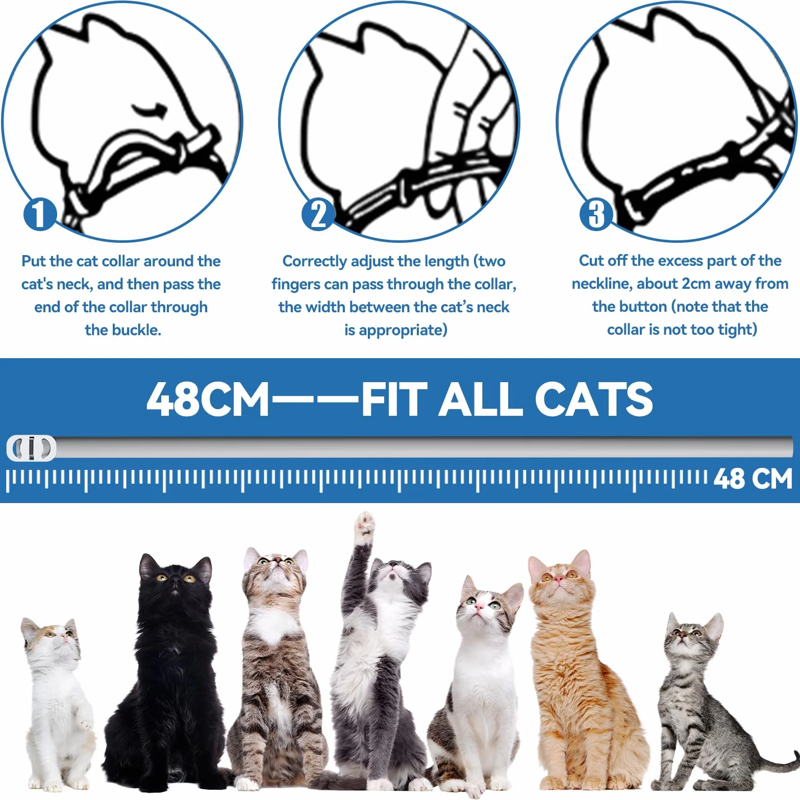 Wansiven Collar antipulgas para Gatos, 12 Meses de protección contra pulgas, 48 ​​cm, Ajustable, Impermeable, antipulgas y garrapatas, Ideal para Gatitos, Gatos medianos y Grandes