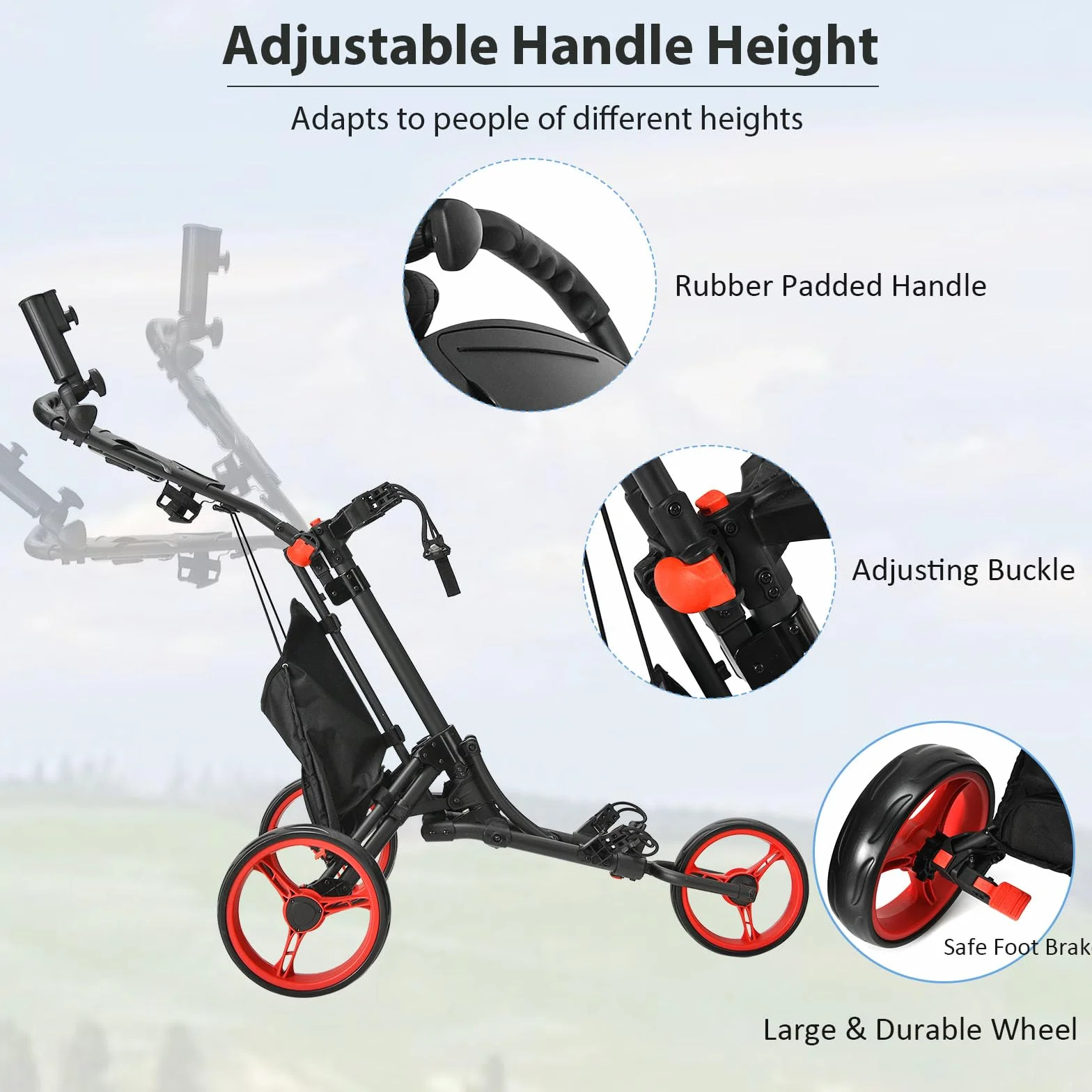 LIFEZEAL Carrito de Golf Plegable 3 Ruedas con Freno de Pie, Altura Ajustable, Paragüero, Portabotellas y Bolsa