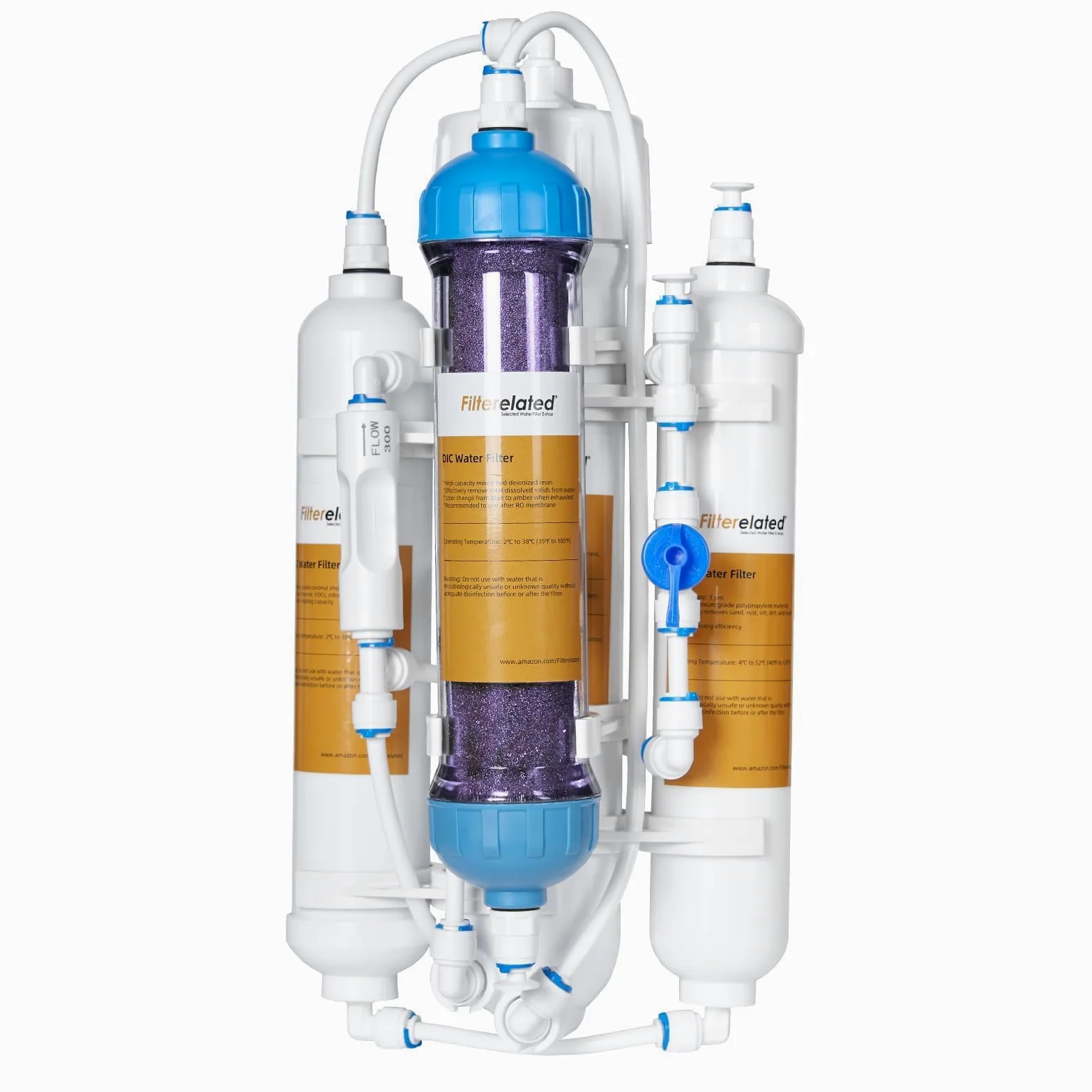 Sistema de ósmosis inversa de acuario de 4 etapas con válvula de descarga portátil RO+DI de filtración de agua desionizada, filtro DI que cambia de color, 100 GPD-TDS cerca de 0 ppm