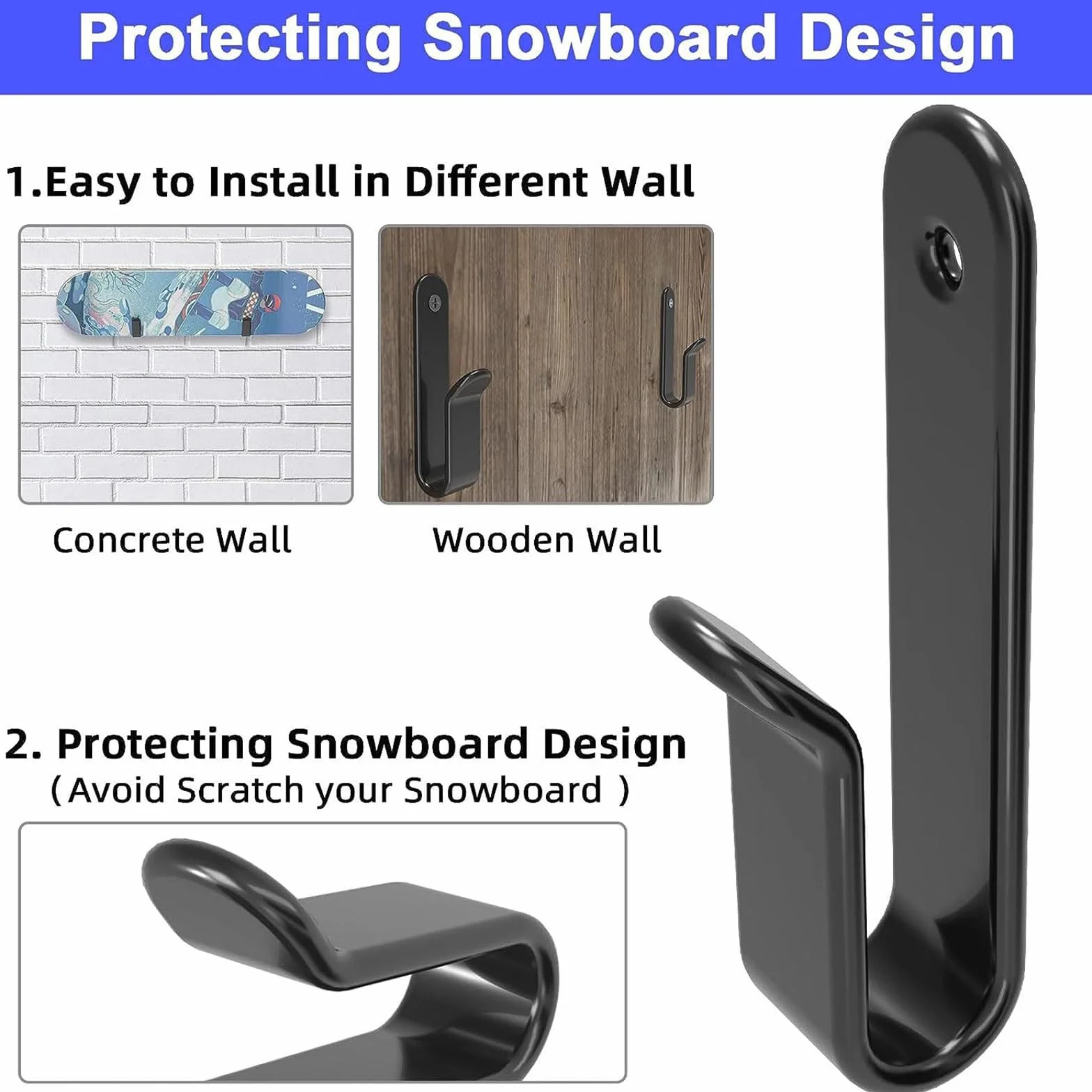 Soporte de pared para tabla de snowboard, clips horizontales de montaje para garaje