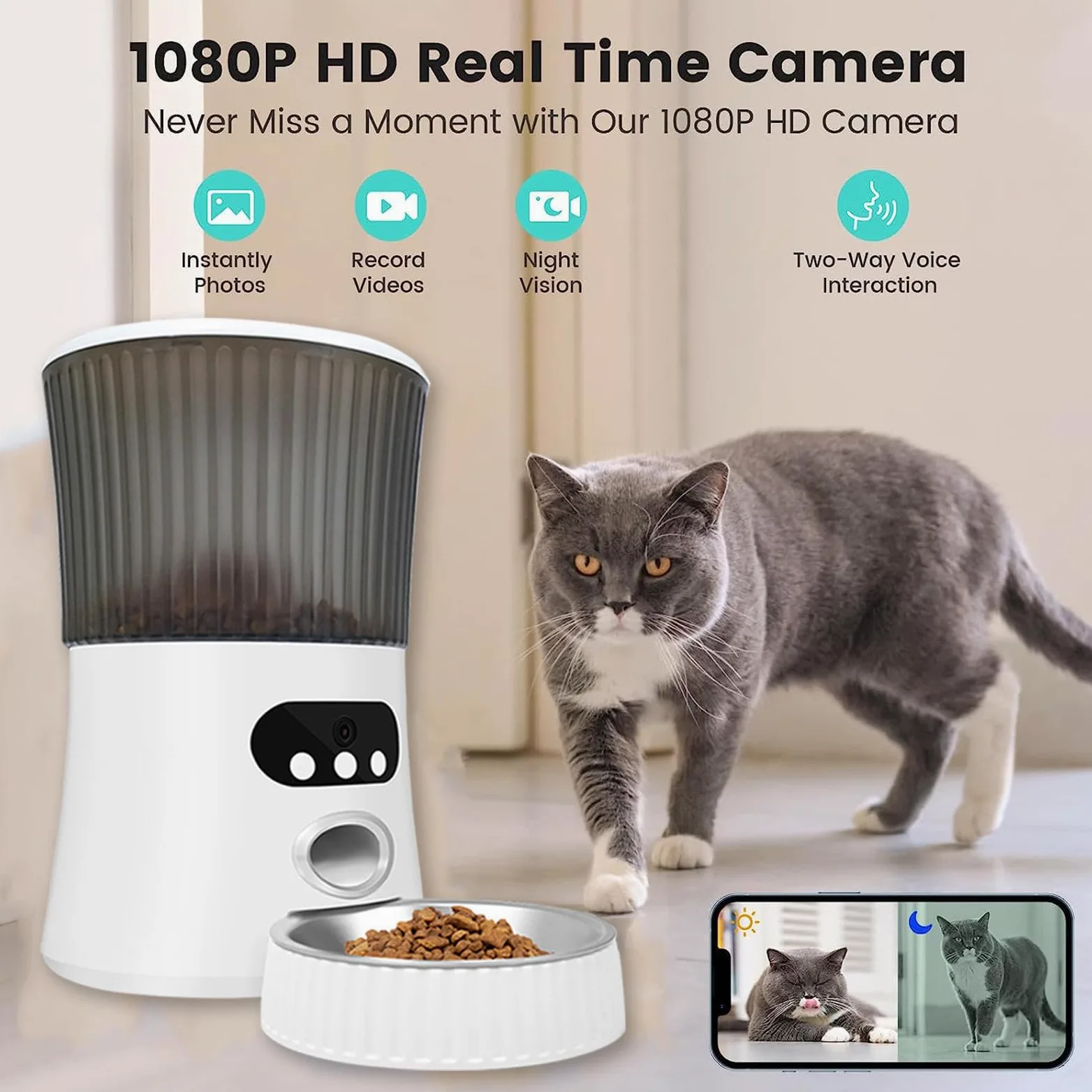 Comedero Automático para Gatos, 6L 2.4G WLAN,con App Control, Full 1080p HD Cámara y Visión Nocturna Comedero Automatico para Gatos, Comedero para Gatos