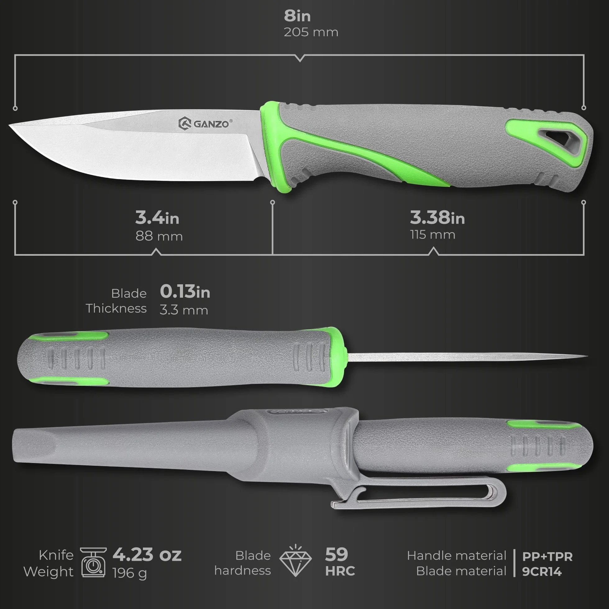 Ganzo G807-GY Cuchillo de hoja fija 9CR14 Acero inoxidable Mango ergonómico Camping Caza Pesca EDC Gris