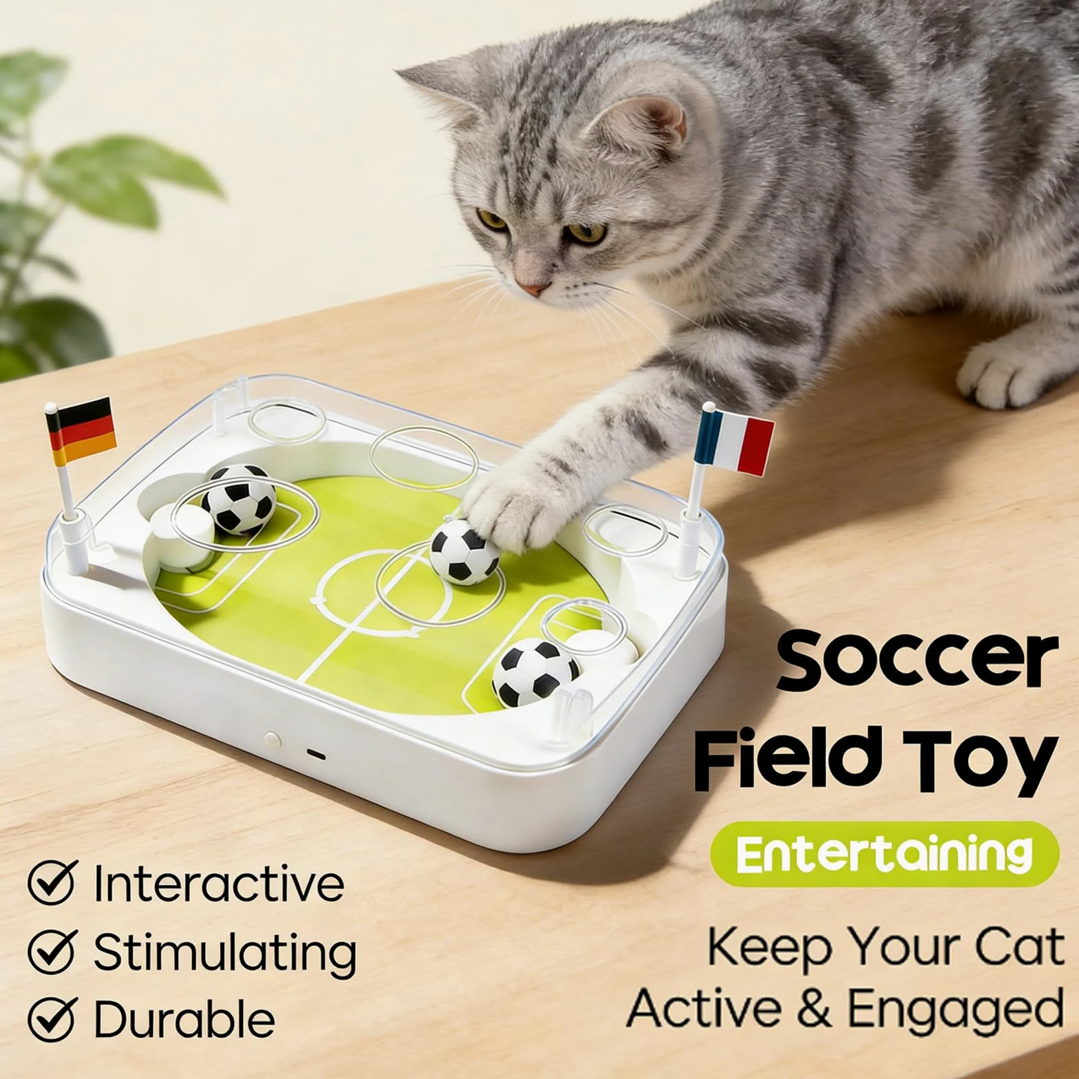 Juguete interactivo de rompecabezas de campo de fútbol para gatos con luces LED, bola de hierba gatera, sensor de movimiento, recargable por USB, caza y entrenamiento en interiores (2 piezas)