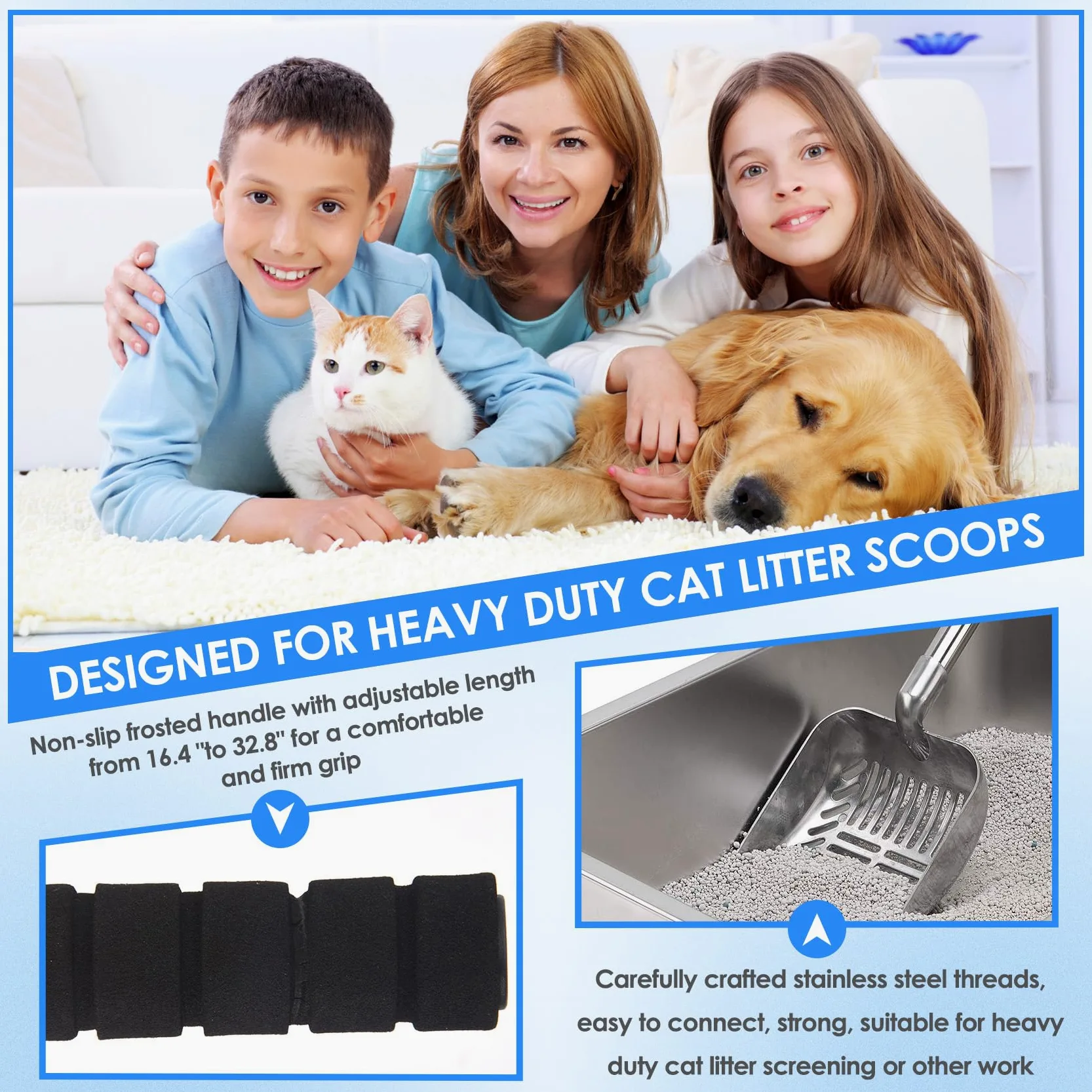 Pala de arena de metal para gatos, pala profunda de acero inoxidable, tamiz antiadherente, agarre acolchado de espuma para uso intensivo