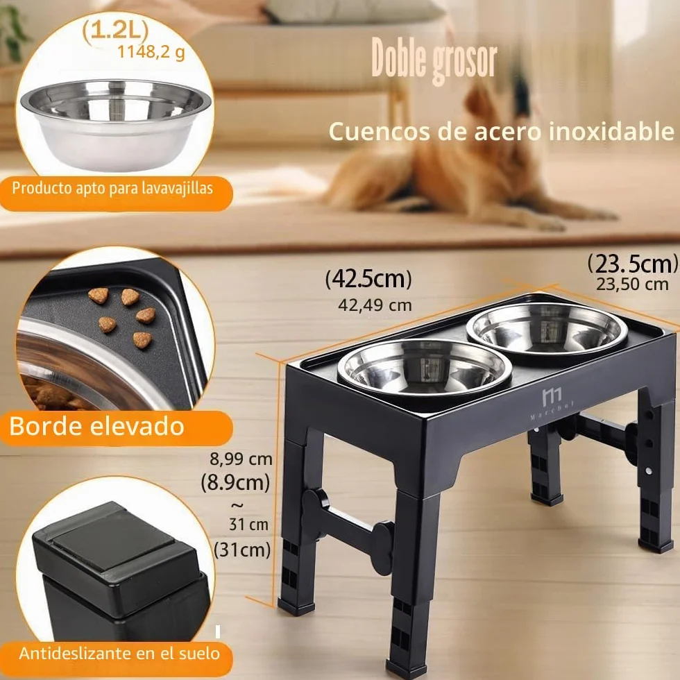 Marchul Comedero Perro Elevado de 4 Alturas Ajustables, 2 X 1200ml Comedero y Bebedero Perro, Cuencos Elevados para Perros Pequeños, Medianos y Grandes, Plegable y Antideslizante