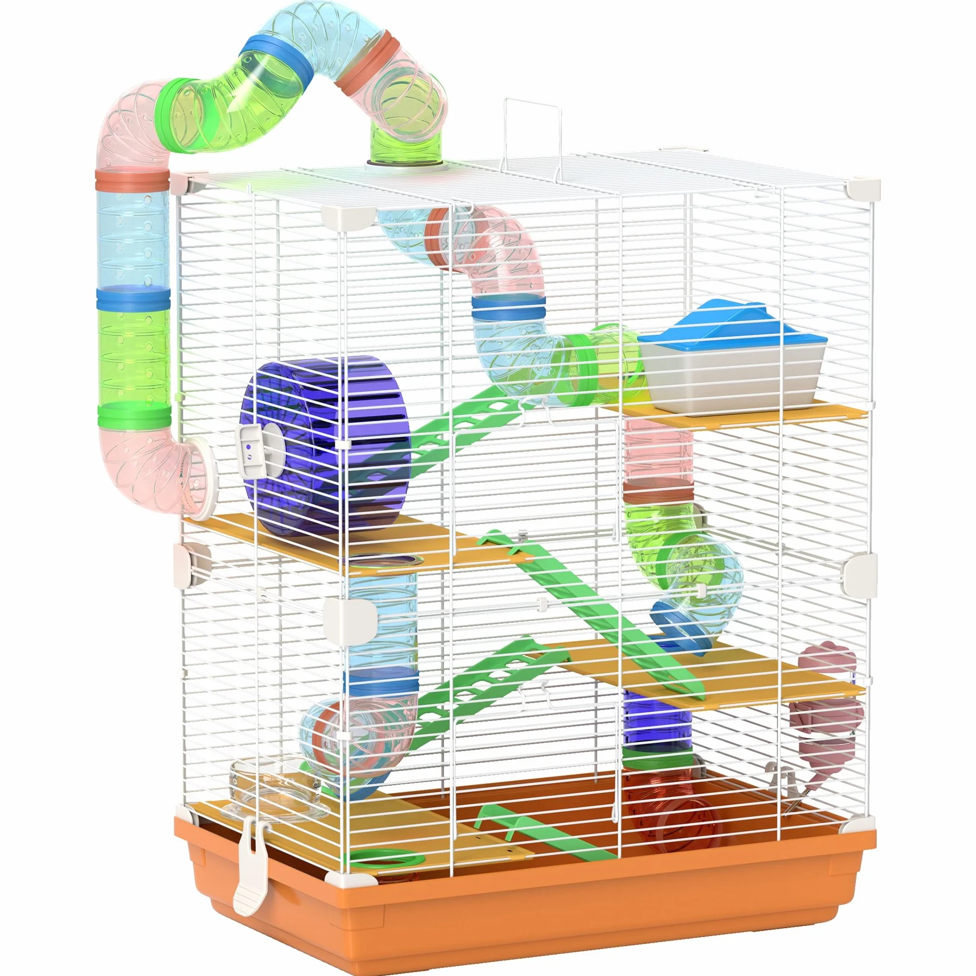 PawHut Jaula para Hámster de 5 Niveles, Casa para Roedores Pequeños con Túnel, Plataformas, Cuenco, Bebedero, Casita, Rampas y Rueda de Ejercicio, para Jerbos, 46x30x58 cm, Naranja
